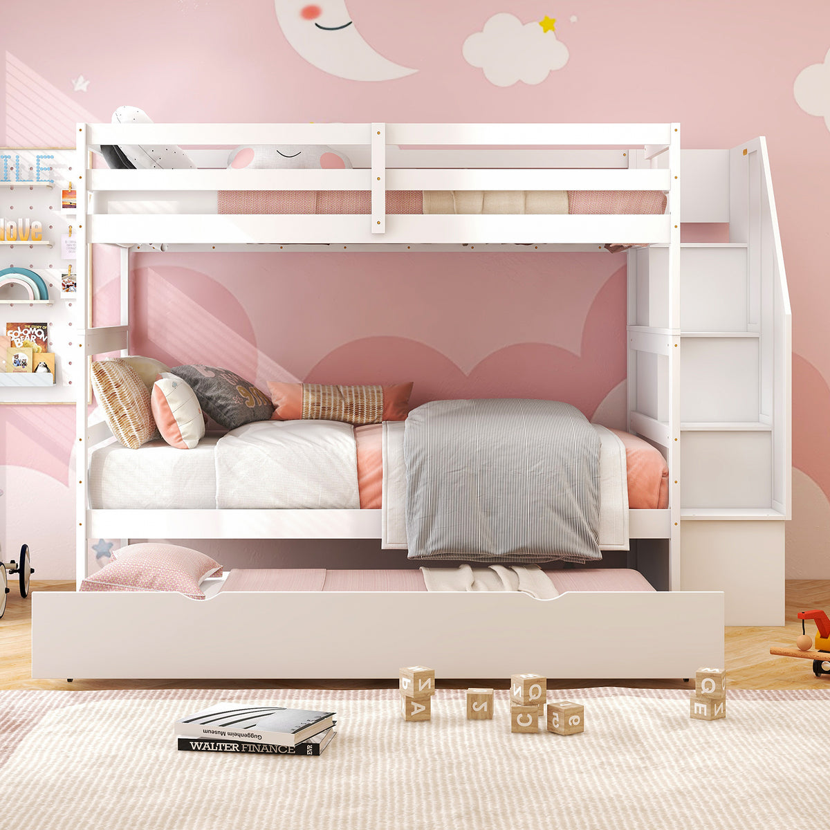Home Wood Bunk Bed with Guard Rail and 4-step Storage Stairs No Box Spring Needed-White-Toddler Beds-DECOROLALA