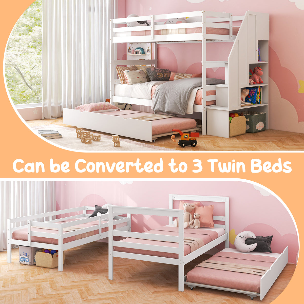 Home Wood Bunk Bed with Guard Rail and 4-step Storage Stairs No Box Spring Needed-White-Toddler Beds-DECOROLALA
