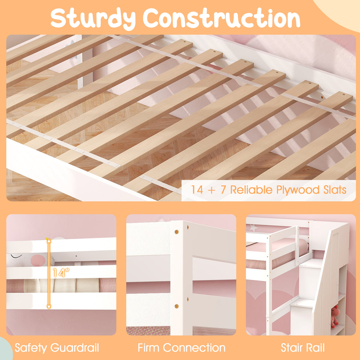 Home Wood Bunk Bed with Guard Rail and 4-step Storage Stairs No Box Spring Needed-White-Toddler Beds-DECOROLALA