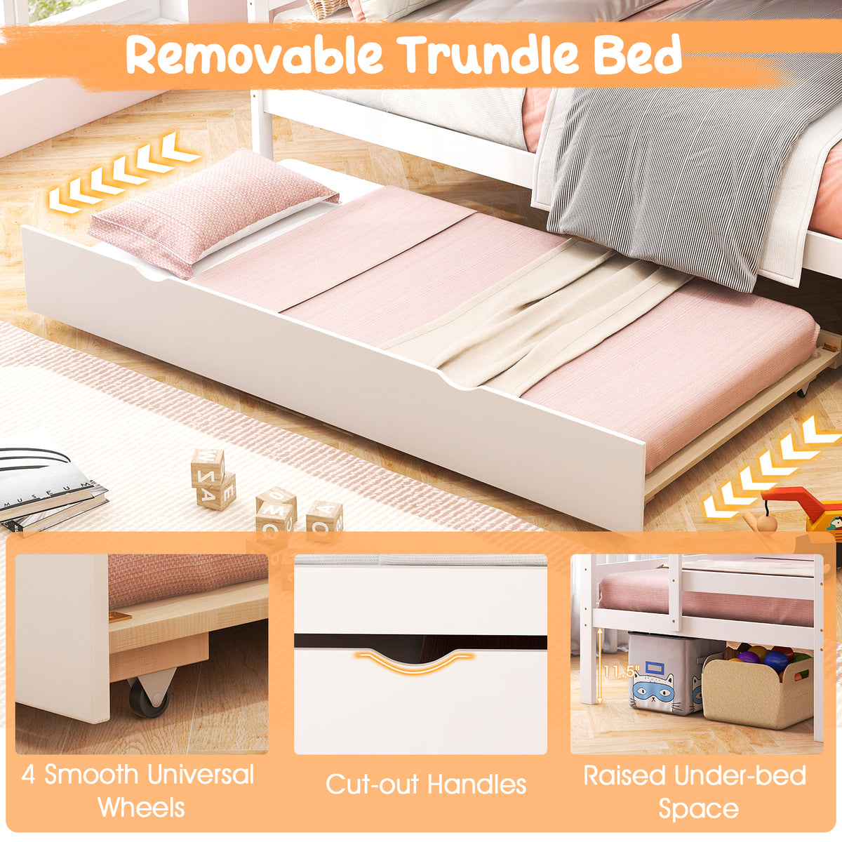 Home Wood Bunk Bed with Guard Rail and 4-step Storage Stairs No Box Spring Needed-White-Toddler Beds-DECOROLALA