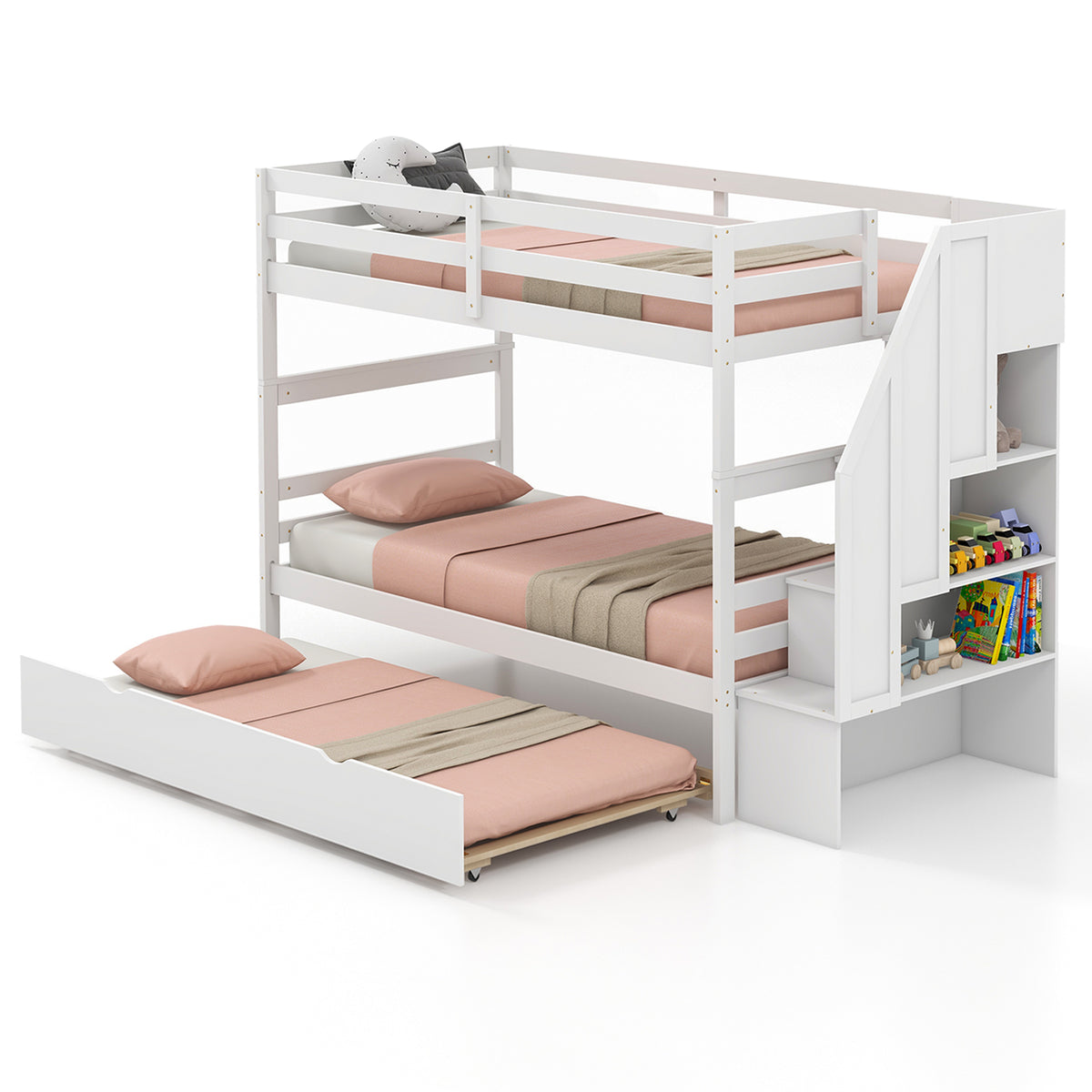 Home Wood Bunk Bed with Guard Rail and 4-step Storage Stairs No Box Spring Needed-White-Toddler Beds-DECOROLALA