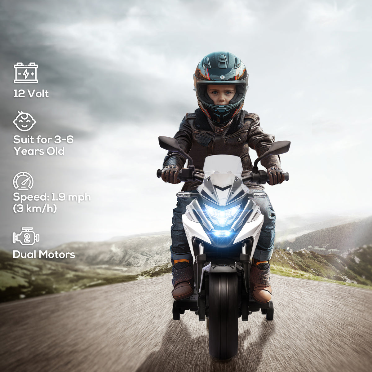 Honda Licensed 12V Ride on Motorbike for Kids with Headlights Music Training Wheels, for 3-6 Years, White-Toys & Games > Baby & Toddler Toys > Electric Ride-On Toys > Electric Motorcycles-DECOROLALA
