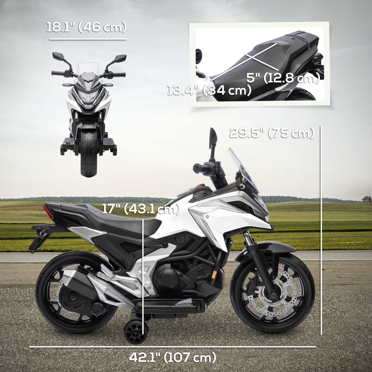 Honda Licensed 12V Ride on Motorbike for Kids with Headlights Music Training Wheels, for 3-6 Years, White-Toys & Games > Baby & Toddler Toys > Electric Ride-On Toys > Electric Motorcycles-DECOROLALA