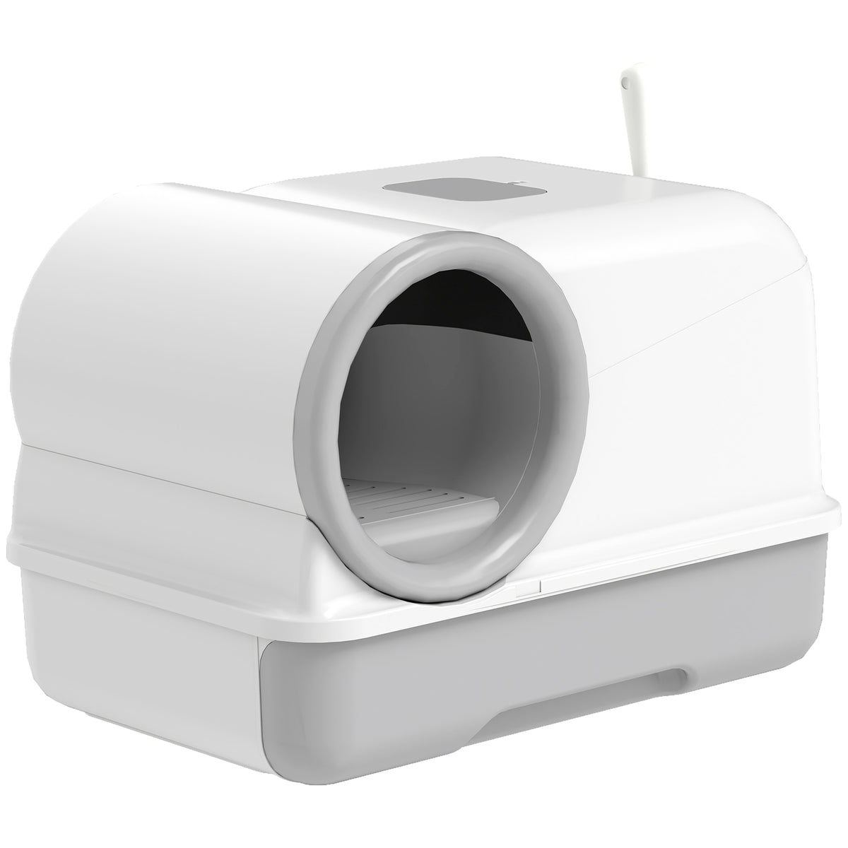 Hooded Cat Litter Box with Drawer, Scoop & Odor Control - White/Grey-Cat Supplies-DECOROLALA