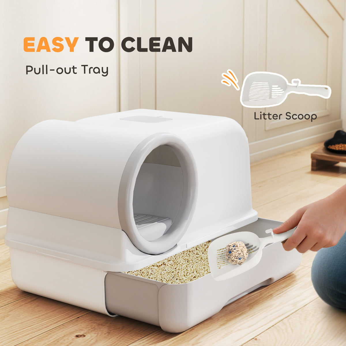 Hooded Cat Litter Box with Drawer, Scoop & Odor Control - White/Grey-Cats-DECOROLALA