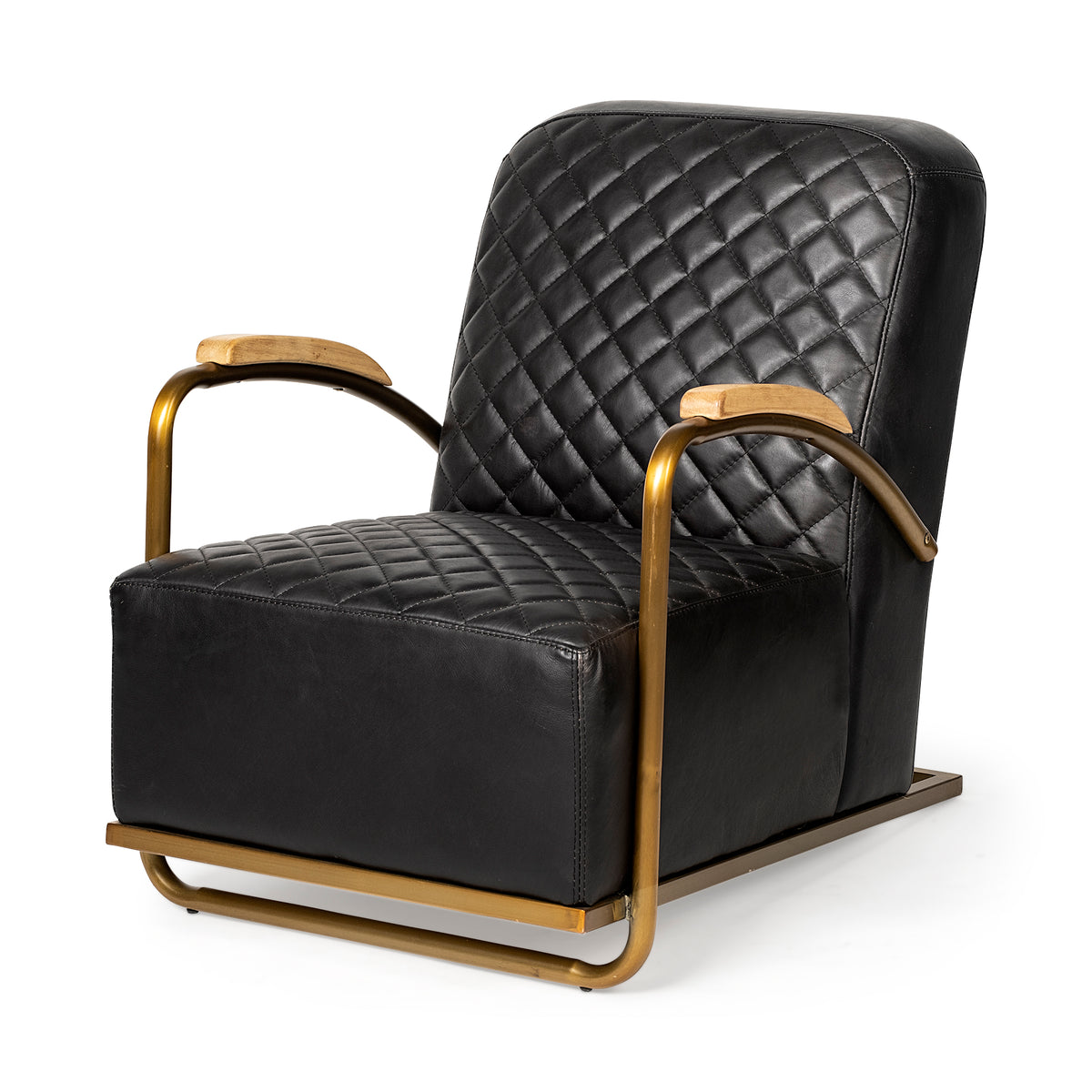 Horace I Black Leather Diamond Pattern w/Gold Iron Frame Accent Chair-Accent Chairs-DECOROLALA