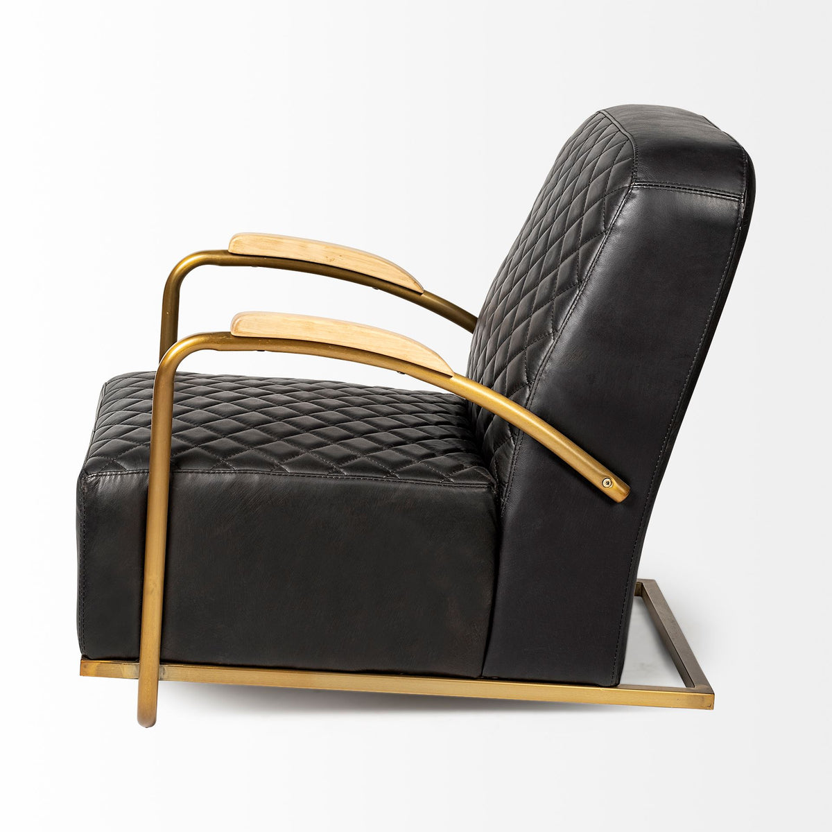 Horace I Black Leather Diamond Pattern w/Gold Iron Frame Accent Chair-Accent Chairs-DECOROLALA
