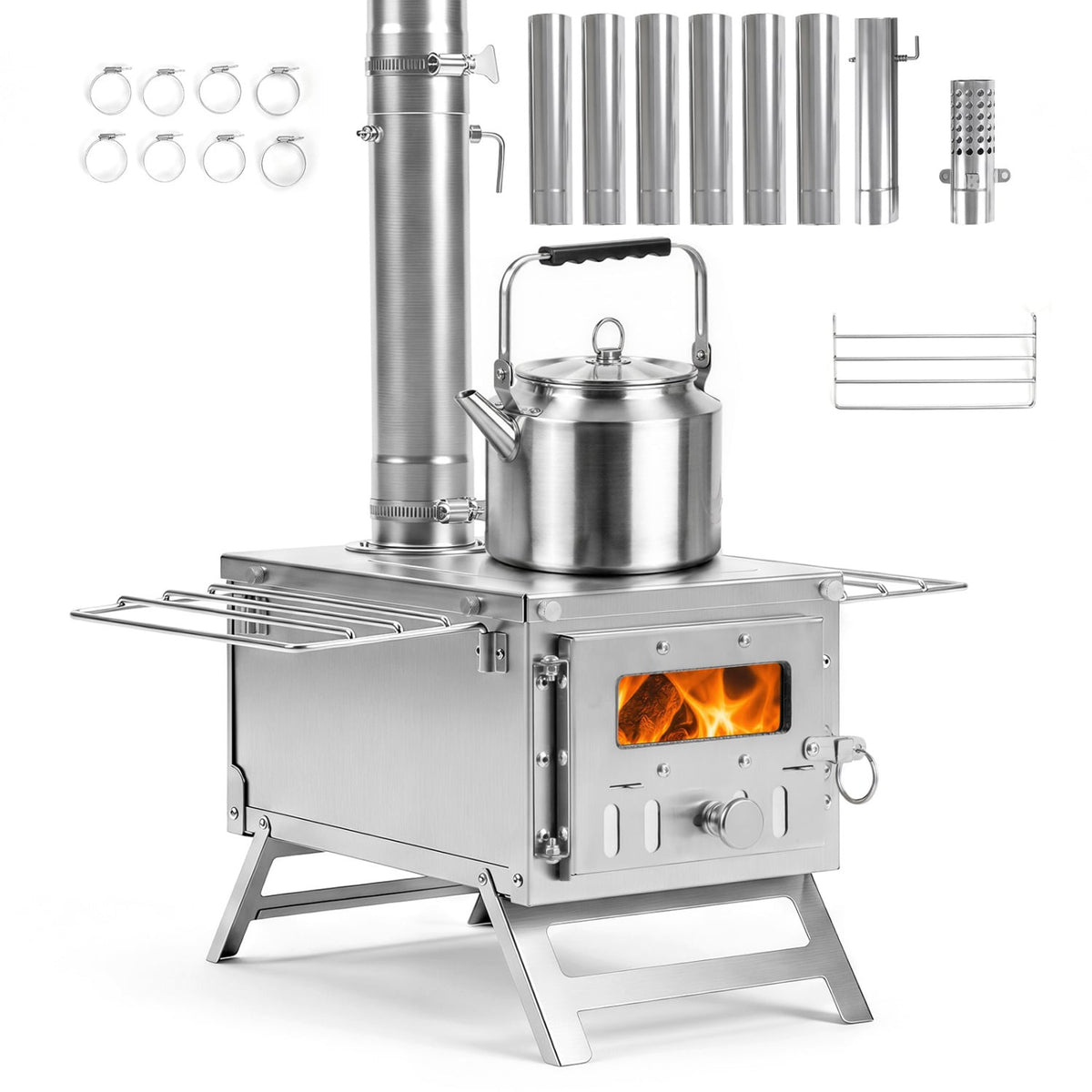 Hot Tent Stove Portable Wood Burning Stove with 7 Chimney Pipes and Spark Arrestor-Silver-Outdoor Grills-DECOROLALA