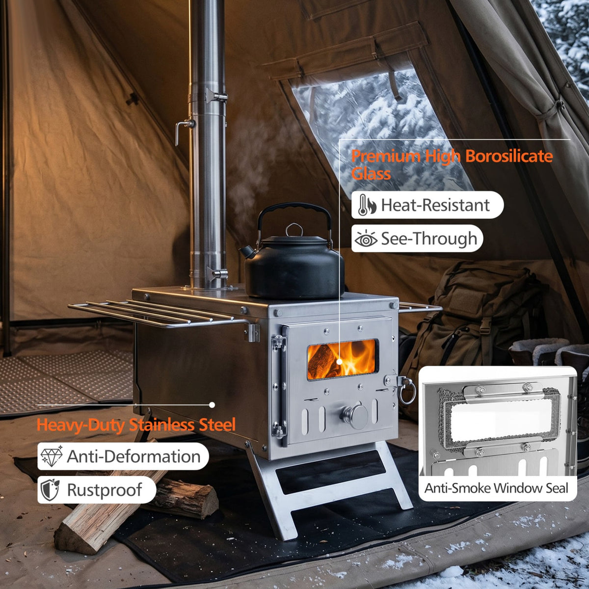 Hot Tent Stove Portable Wood Burning Stove with 7 Chimney Pipes and Spark Arrestor-Silver-Outdoor Grills-DECOROLALA