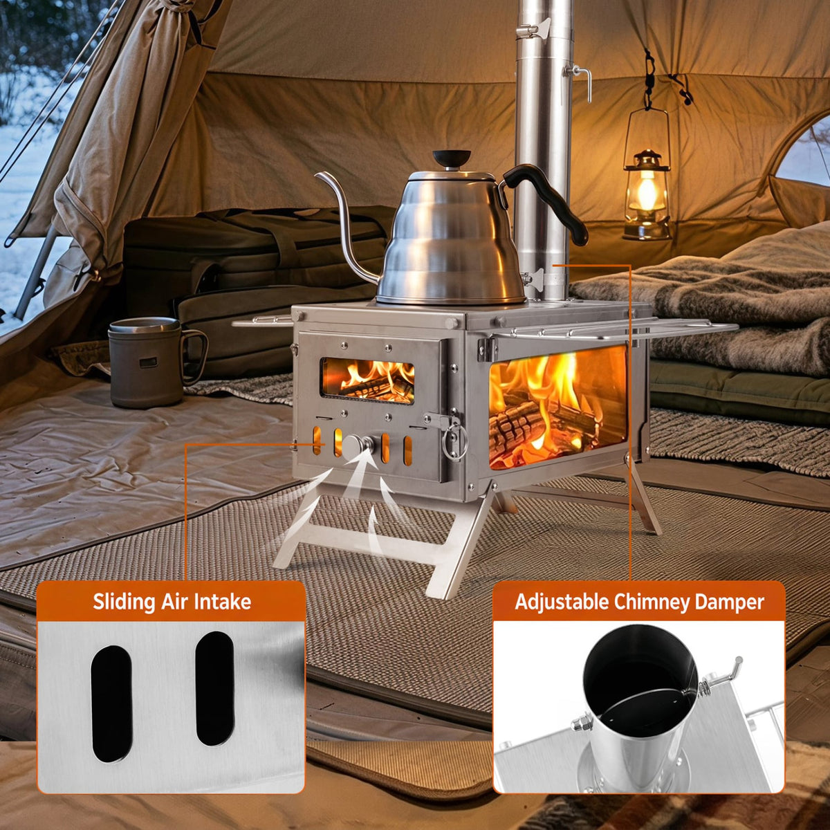 Hot Tent Stove Portable Wood Burning Stove with 7 Chimney Pipes and Spark Arrestor-Silver-Outdoor Grills-DECOROLALA