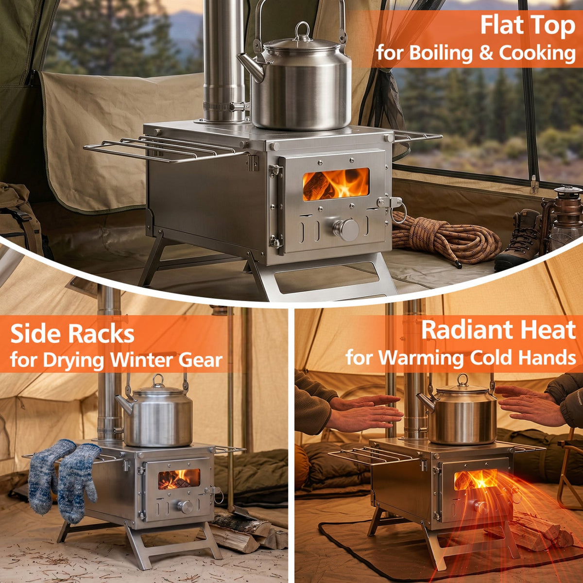 Hot Tent Stove Portable Wood Burning Stove with 7 Chimney Pipes and Spark Arrestor-Silver-Outdoor Grills-DECOROLALA