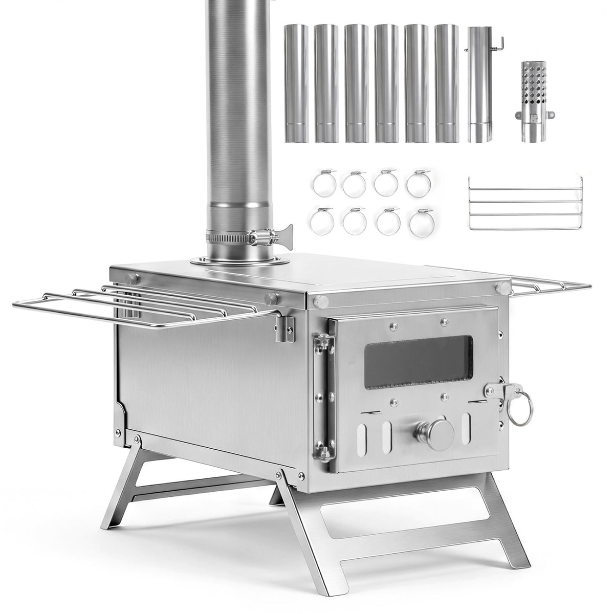 Hot Tent Stove Portable Wood Burning Stove with 7 Chimney Pipes and Spark Arrestor-Silver-Outdoor Grills-DECOROLALA