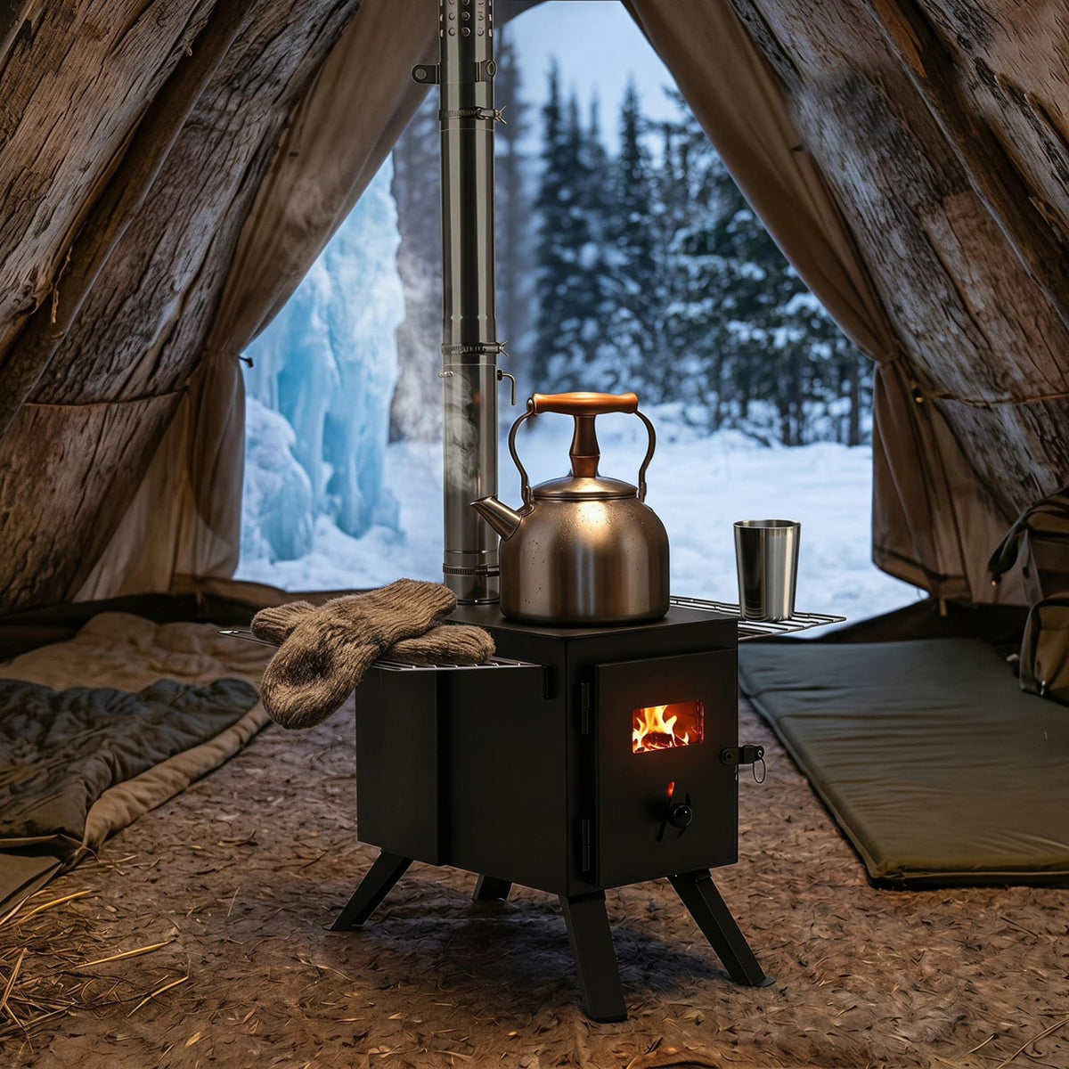 Hot Tent Stove with Ash Tray 8.4 ft Wood Burning Stove with 8 Chimney Pipes and Spark Arrestor-Black-Outdoor Grills-DECOROLALA
