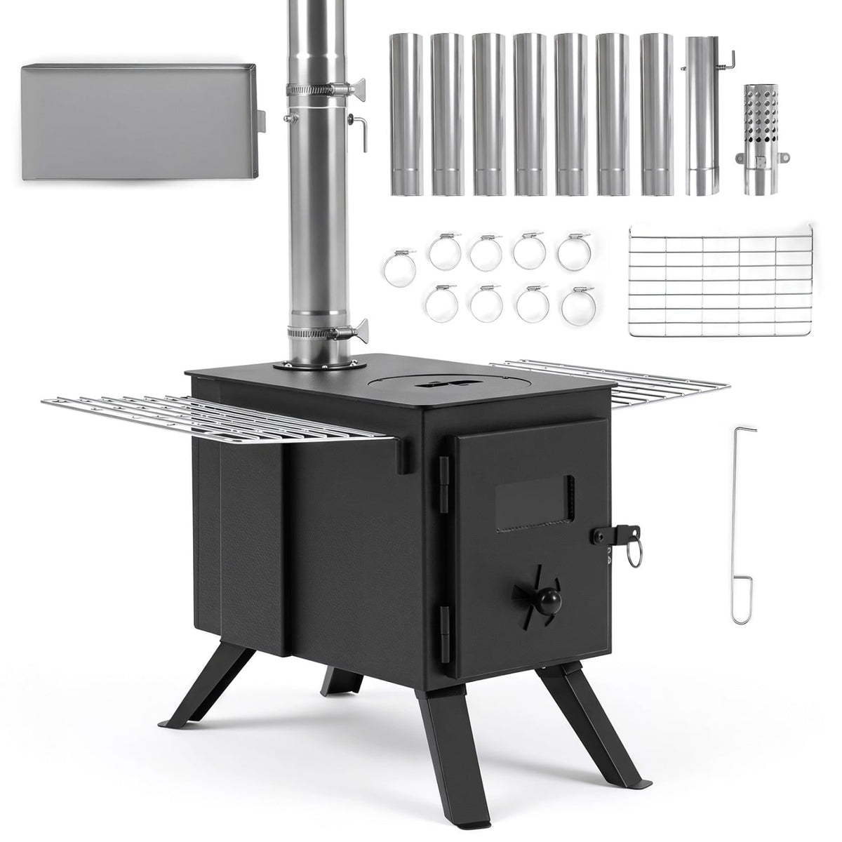 Hot Tent Stove with Ash Tray 8.4 ft Wood Burning Stove with 8 Chimney Pipes and Spark Arrestor-Black-Outdoor Grills-DECOROLALA