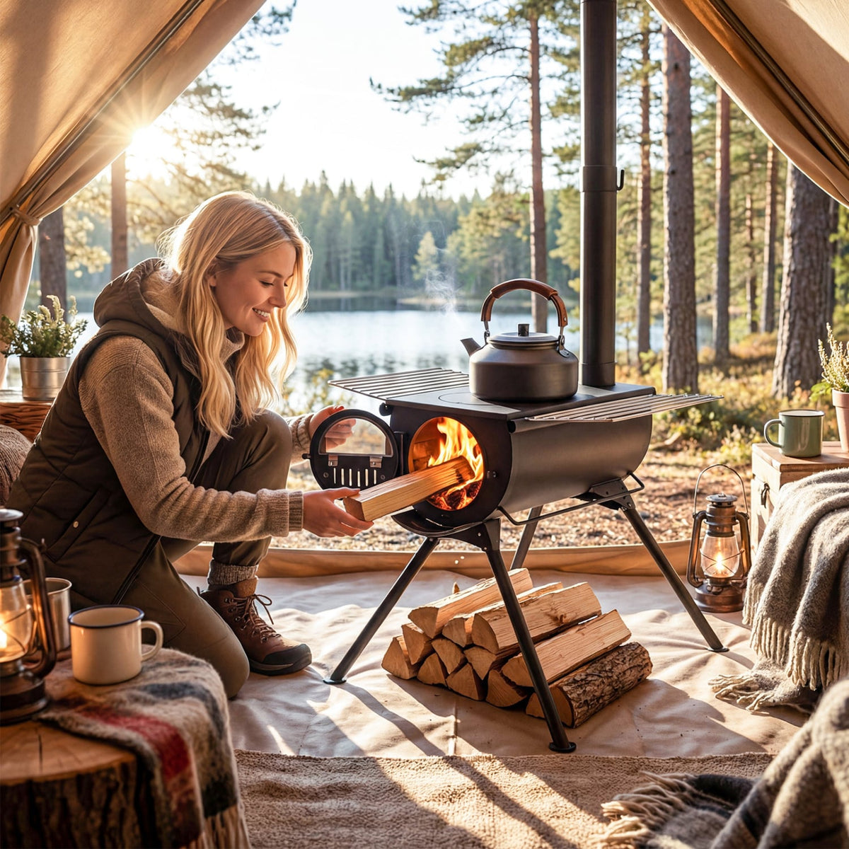 Hot Tent Stove with Chimney Pipes and Foldable Legs for Outdoor Heating-Black-Outdoor Grills-DECOROLALA