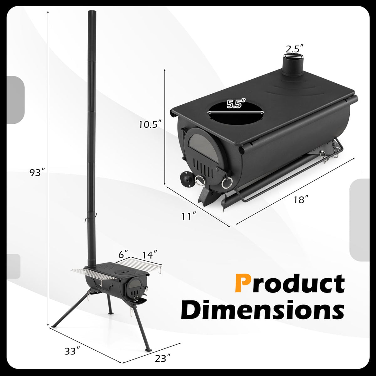 Hot Tent Stove with Chimney Pipes and Foldable Legs for Outdoor Heating-Black-Outdoor Grills-DECOROLALA