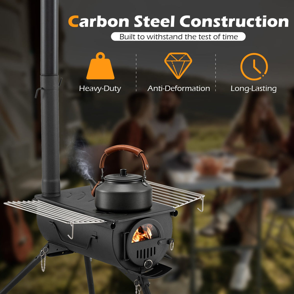 Hot Tent Stove with Chimney Pipes and Foldable Legs for Outdoor Heating-Black-Outdoor Grills-DECOROLALA