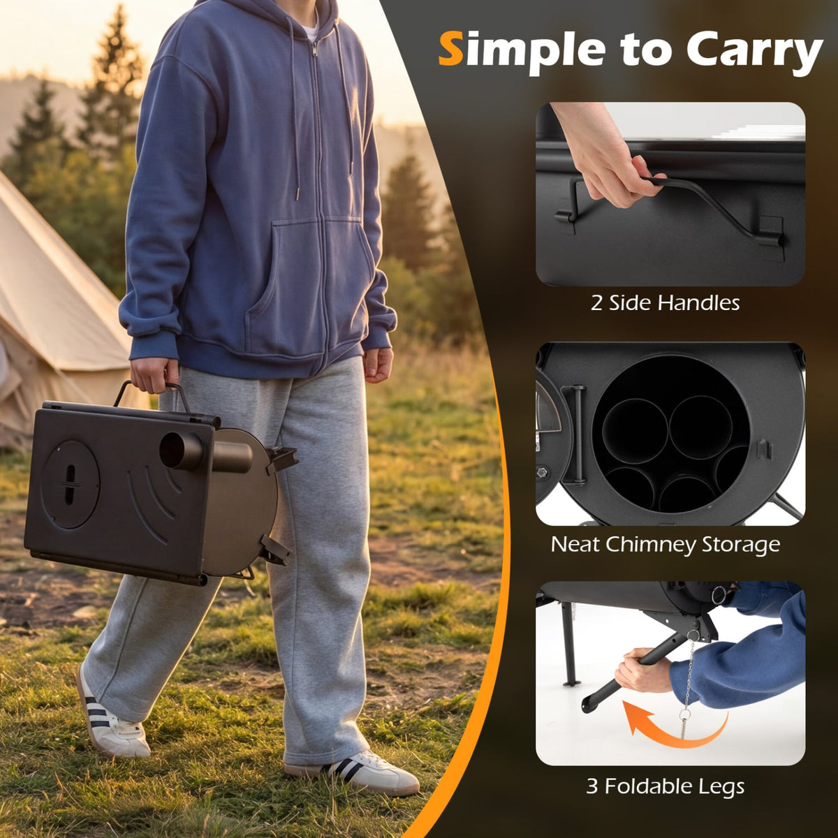 Hot Tent Stove with Chimney Pipes and Foldable Legs for Outdoor Heating-Black-Outdoor Grills-DECOROLALA