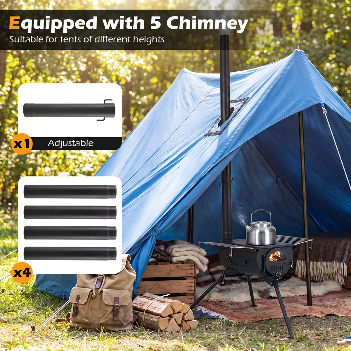Hot Tent Stove with Chimney Pipes and Foldable Legs for Outdoor Heating-Black-Outdoor Grills-DECOROLALA