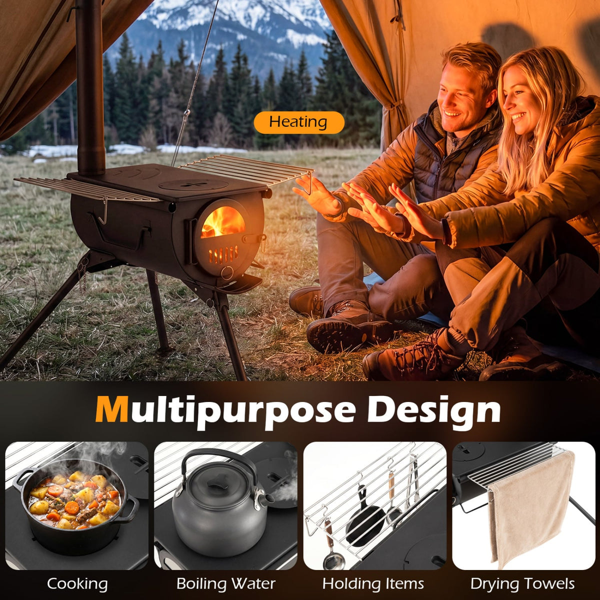 Hot Tent Stove with Chimney Pipes and Foldable Legs for Outdoor Heating-Black-Outdoor Grills-DECOROLALA