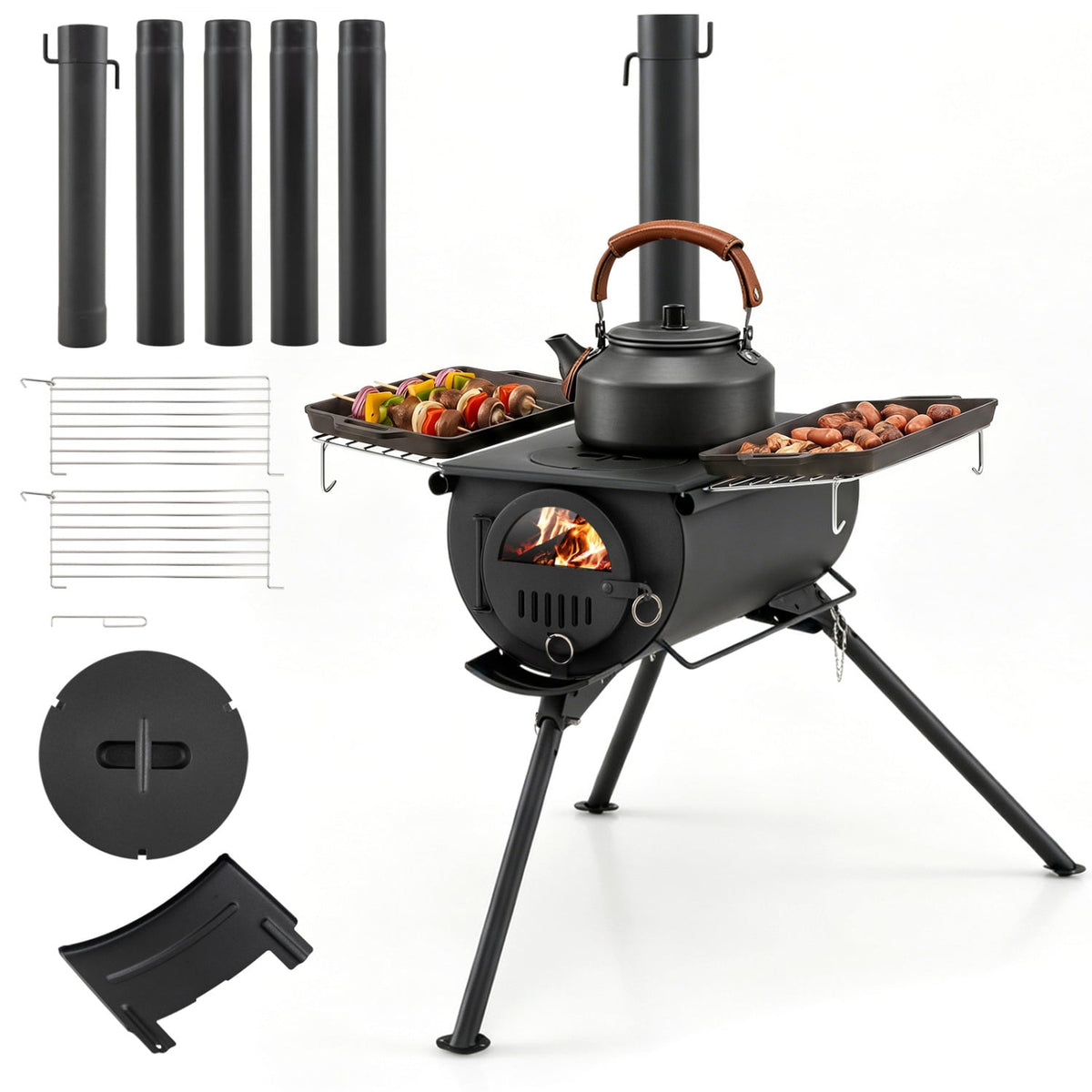 Hot Tent Stove with Chimney Pipes and Foldable Legs for Outdoor Heating-Black-Outdoor Grills-DECOROLALA