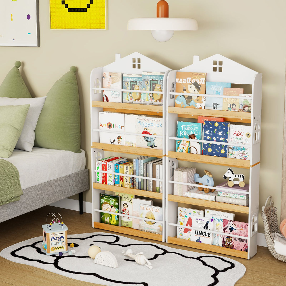 House-Shaped Kids Bookshelf with Anti-falling Baffles-White-Kids Storage-DECOROLALA