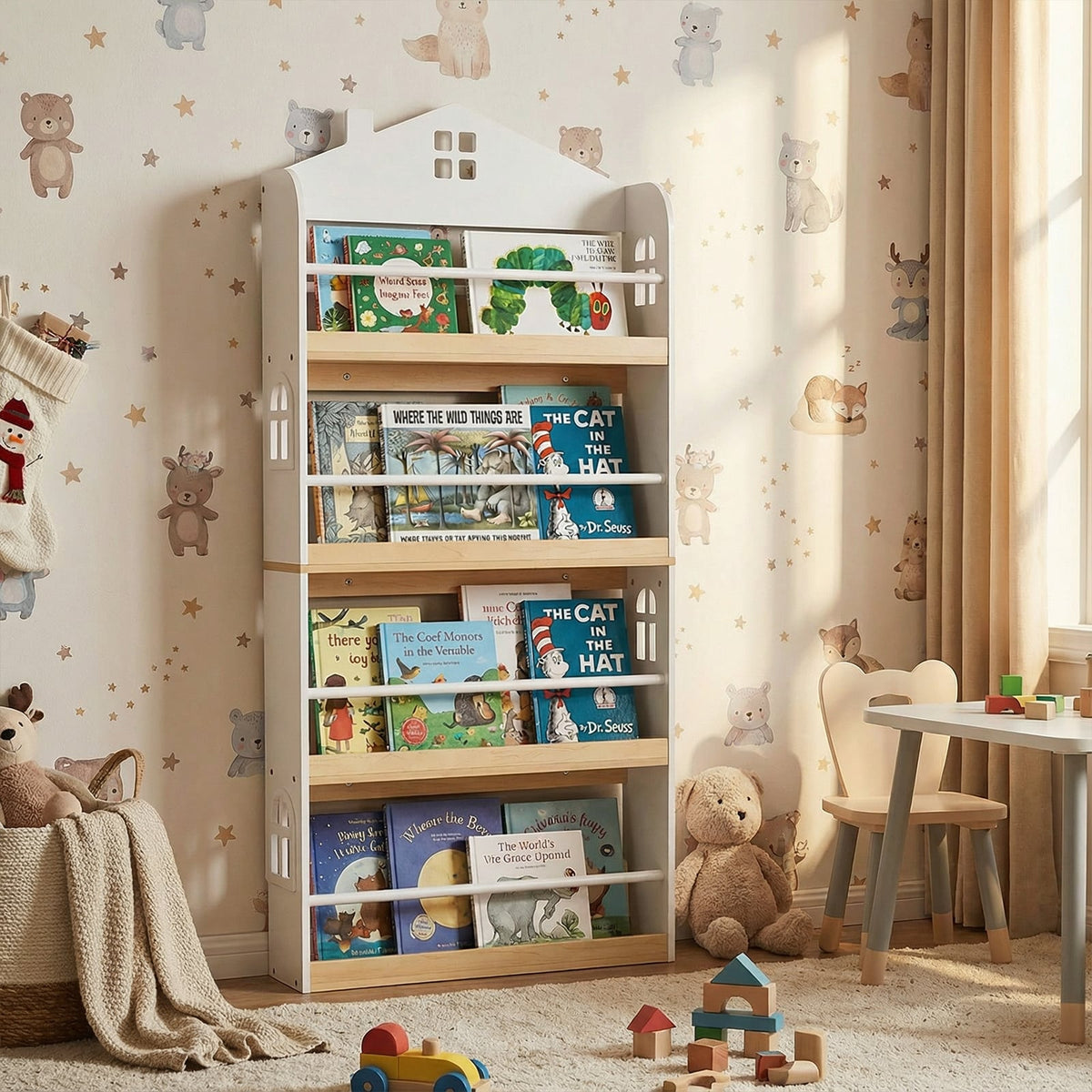 House-Shaped Kids Bookshelf with Anti-falling Baffles-White-Kids Storage-DECOROLALA