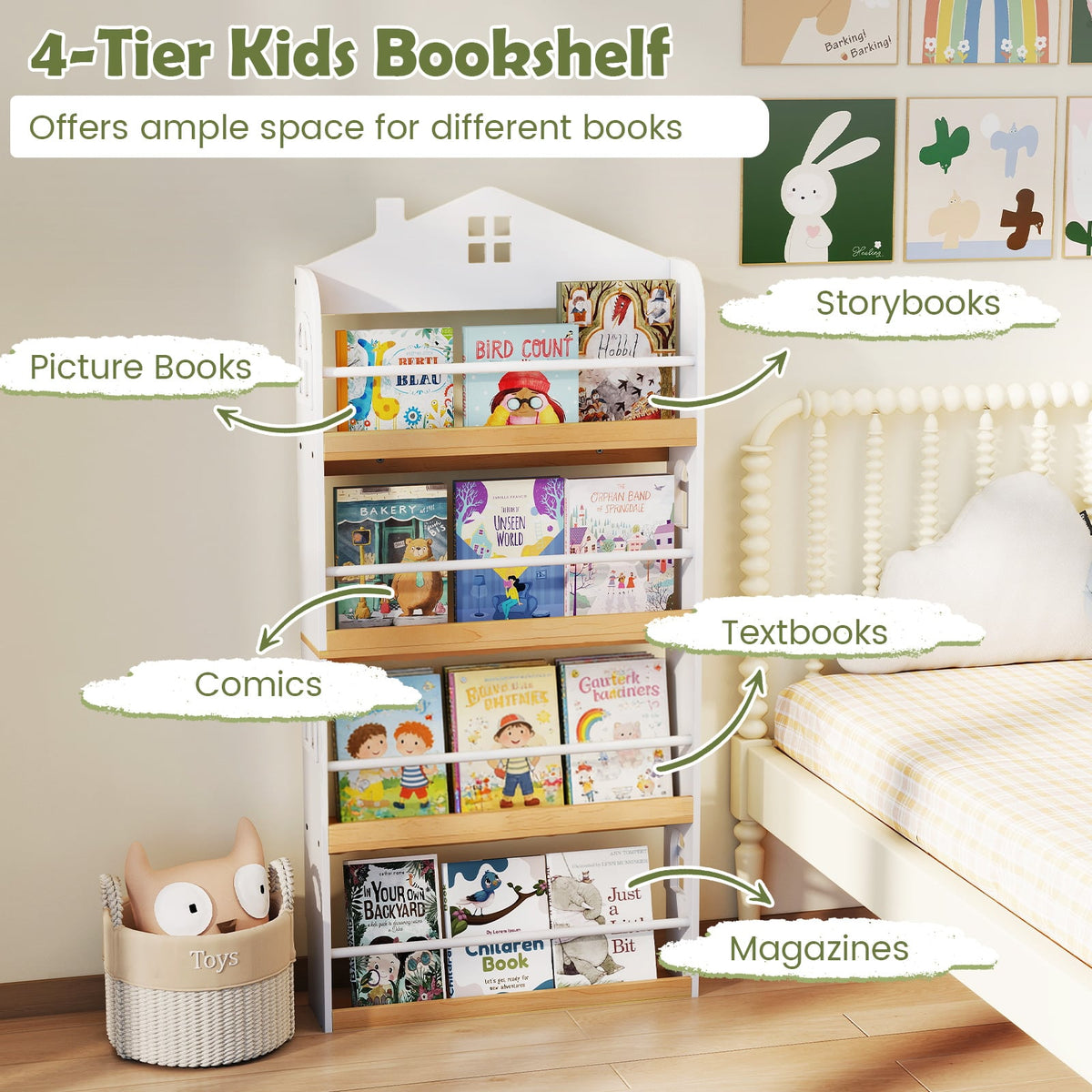 House-Shaped Kids Bookshelf with Anti-falling Baffles-White-Kids Storage-DECOROLALA