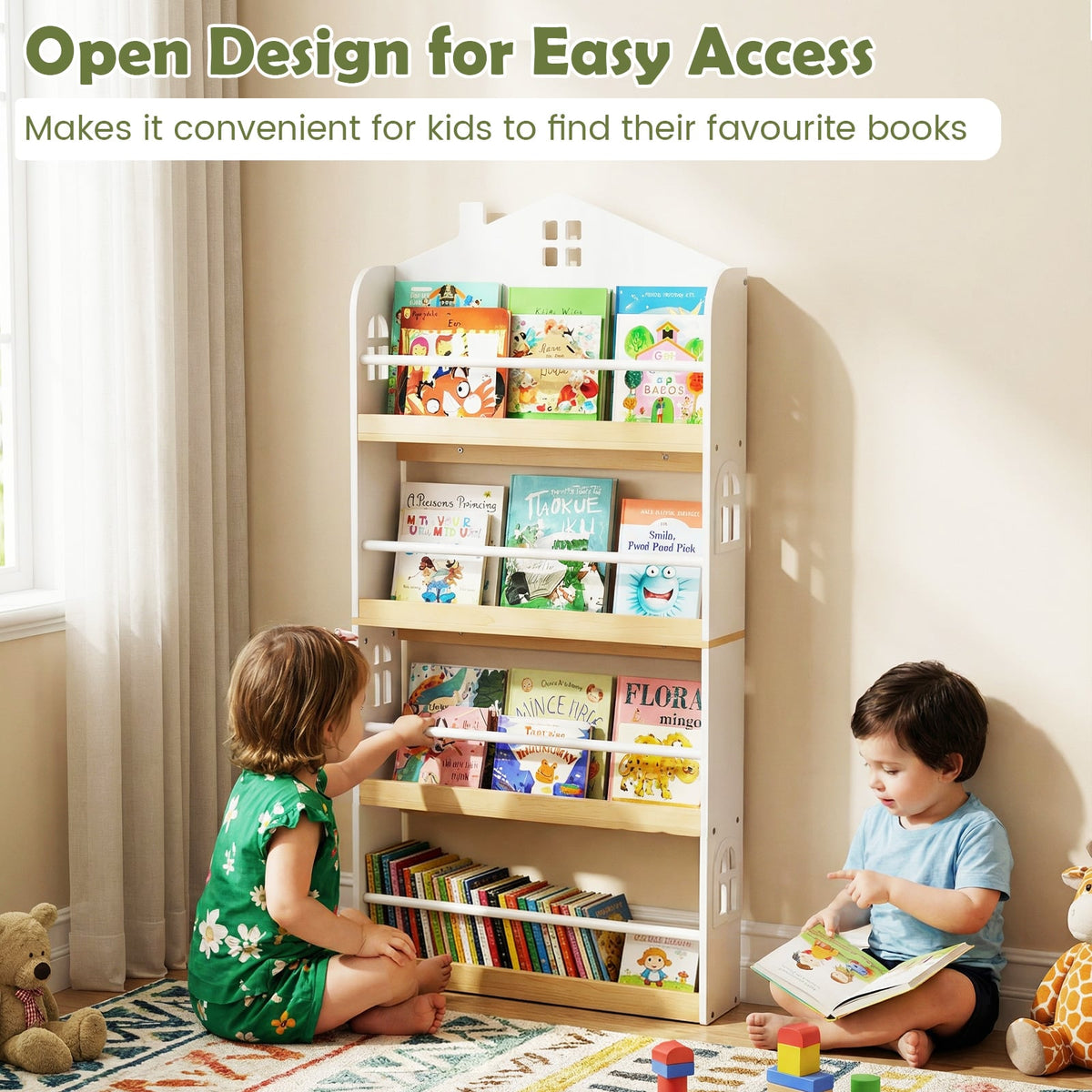 House-Shaped Kids Bookshelf with Anti-falling Baffles-White-Kids Storage-DECOROLALA
