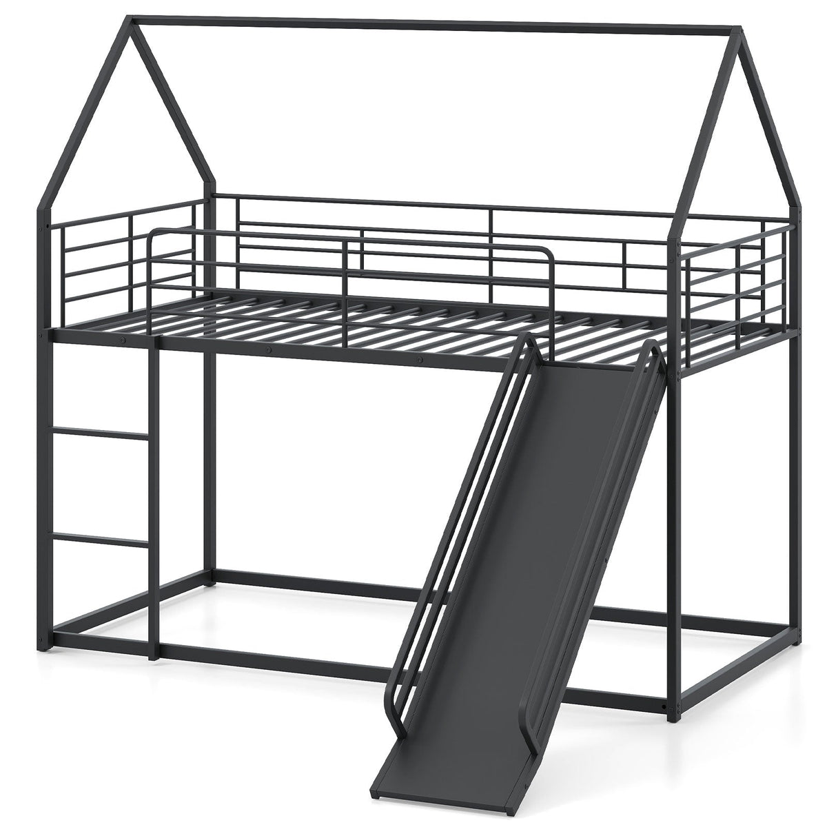 House-Shaped Twin Over Twin Low Bunk Bed with Slide - Black Metal-Bunk Bed Frame-DECOROLALA