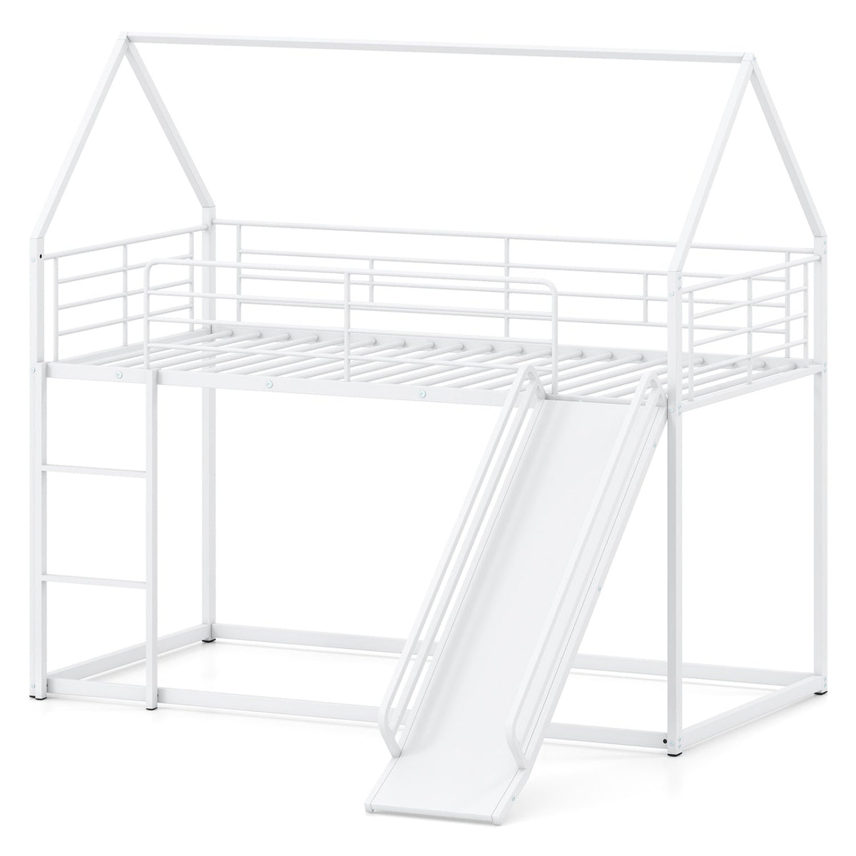 House-Shaped Twin Over Twin Low Bunk Bed with Slide - Black Metal-Bunk Bed Frame-DECOROLALA