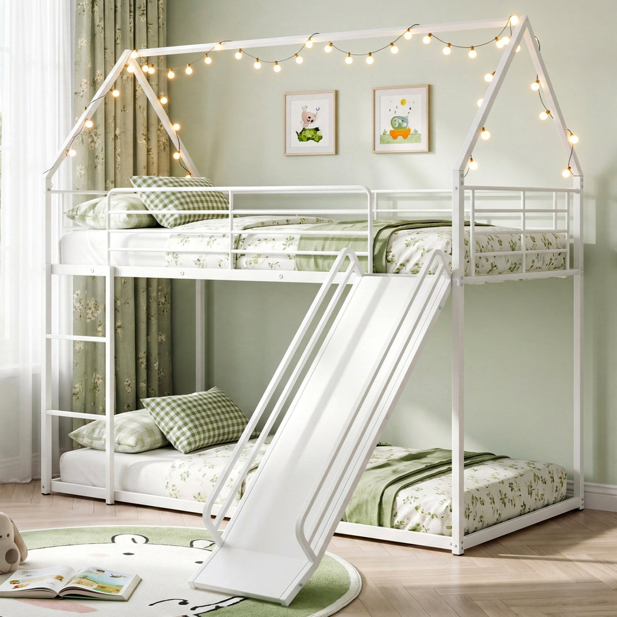 House-Shaped Twin Over Twin Low Bunk Bed with Slide - Black Metal-Bunk Bed Frame-DECOROLALA