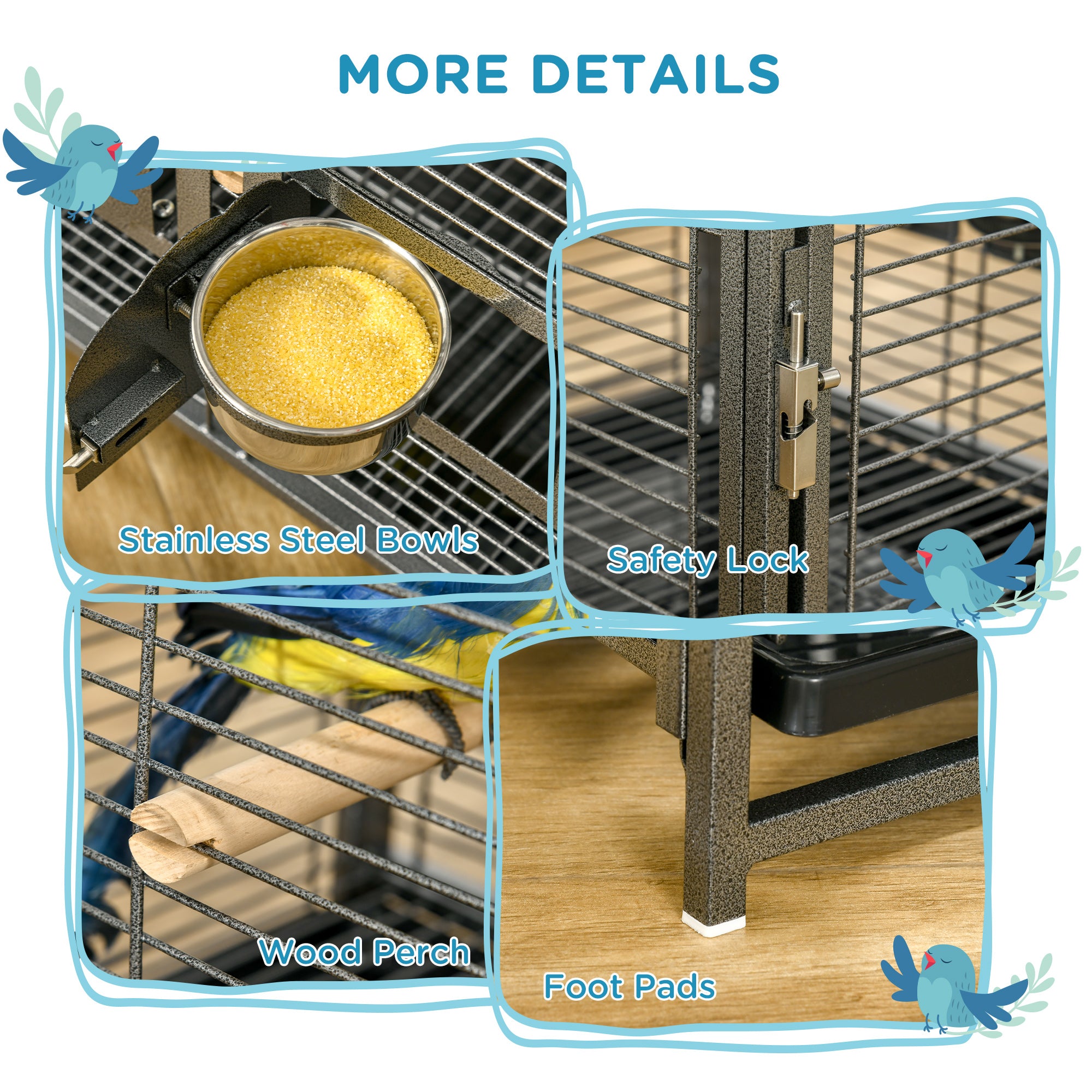 Bird Travel Carrier Cage, Portable Metal Bird Cage for Parrots Conures Cockatiel Parakeets with Stand Perch, Stainless Steel Bowls, Pull Out Tray, 19" x 15" x 26", Black