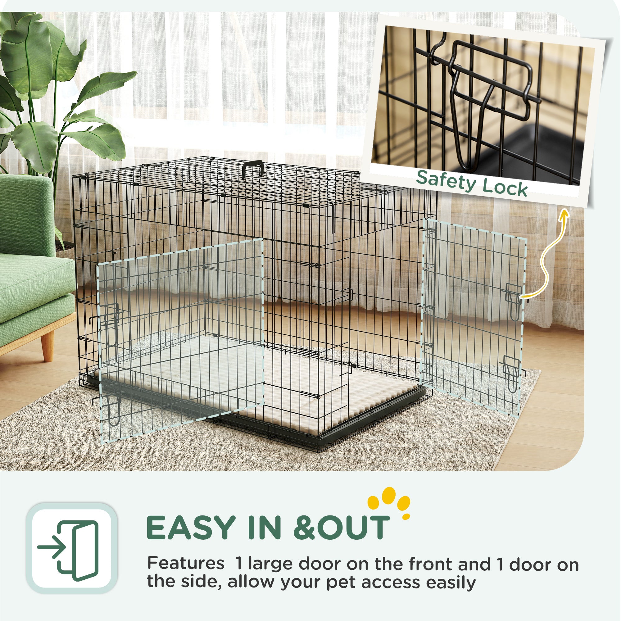 42" Dog Crate with 2 Doors, Folding Metal Dog Cage with Soft Cushion, Removable Tray, Handle, for Small Dogs, Black