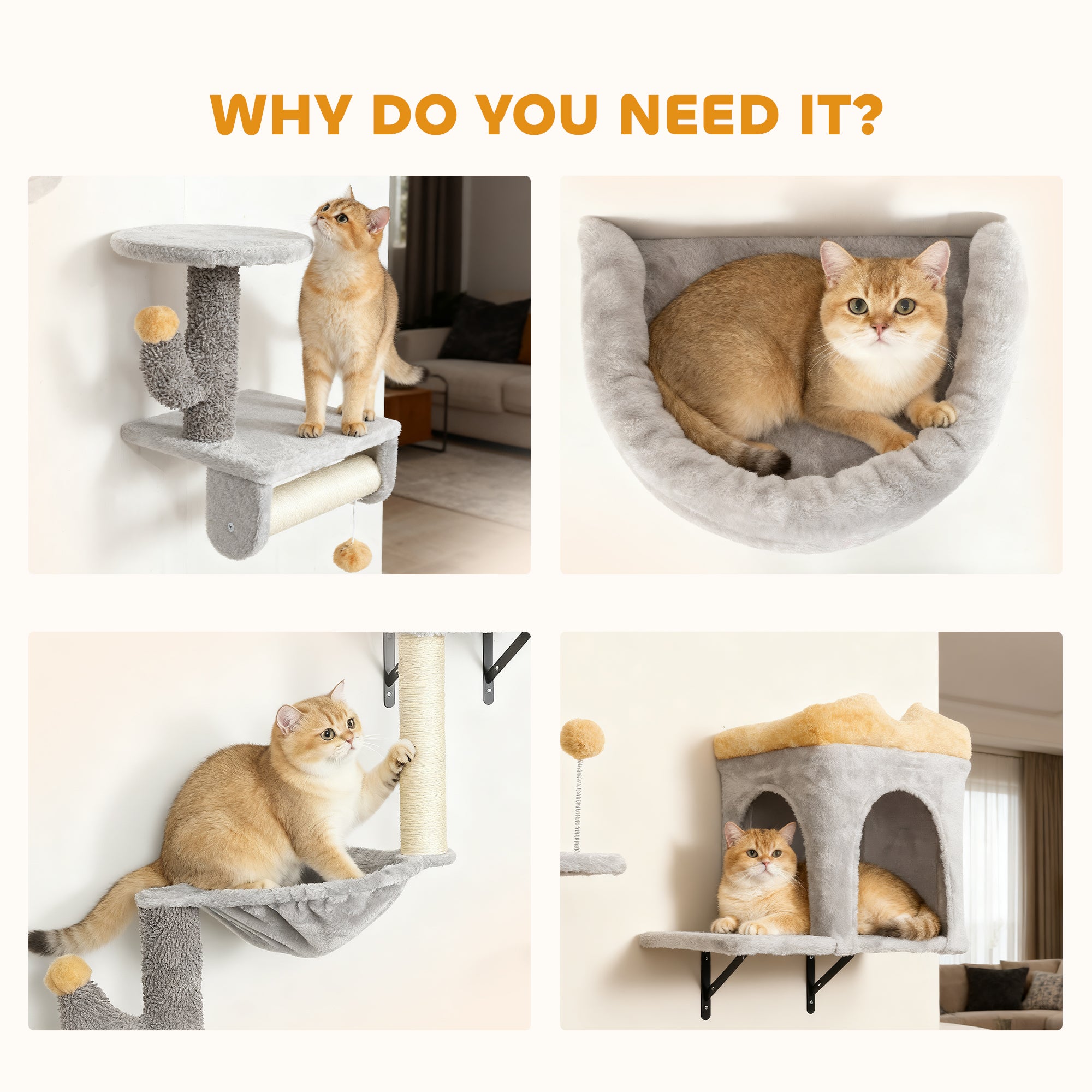 Cat Wall Shelves, 4 Pcs Cat Wall Furniture Set with Scratching Posts, Condo, Hammock, Perchs, Light Grey