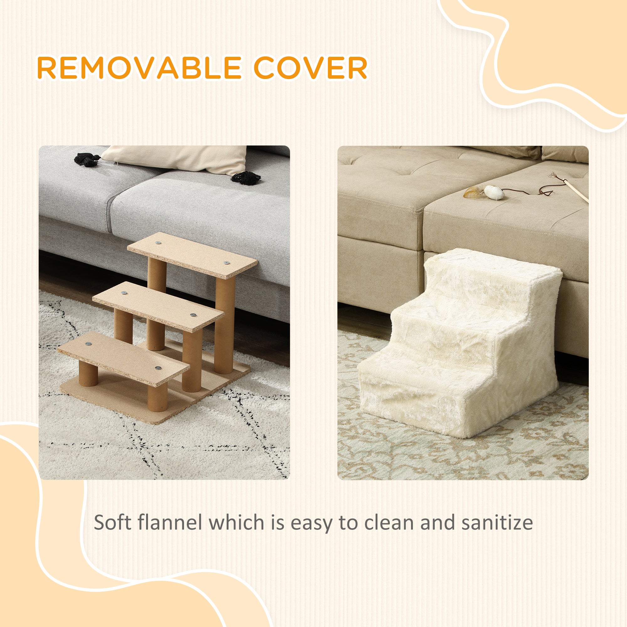3-Step Dog Ramp for Sofa, Bed, and Couch, Pet Steps Ladder with Removable Cover, Beige