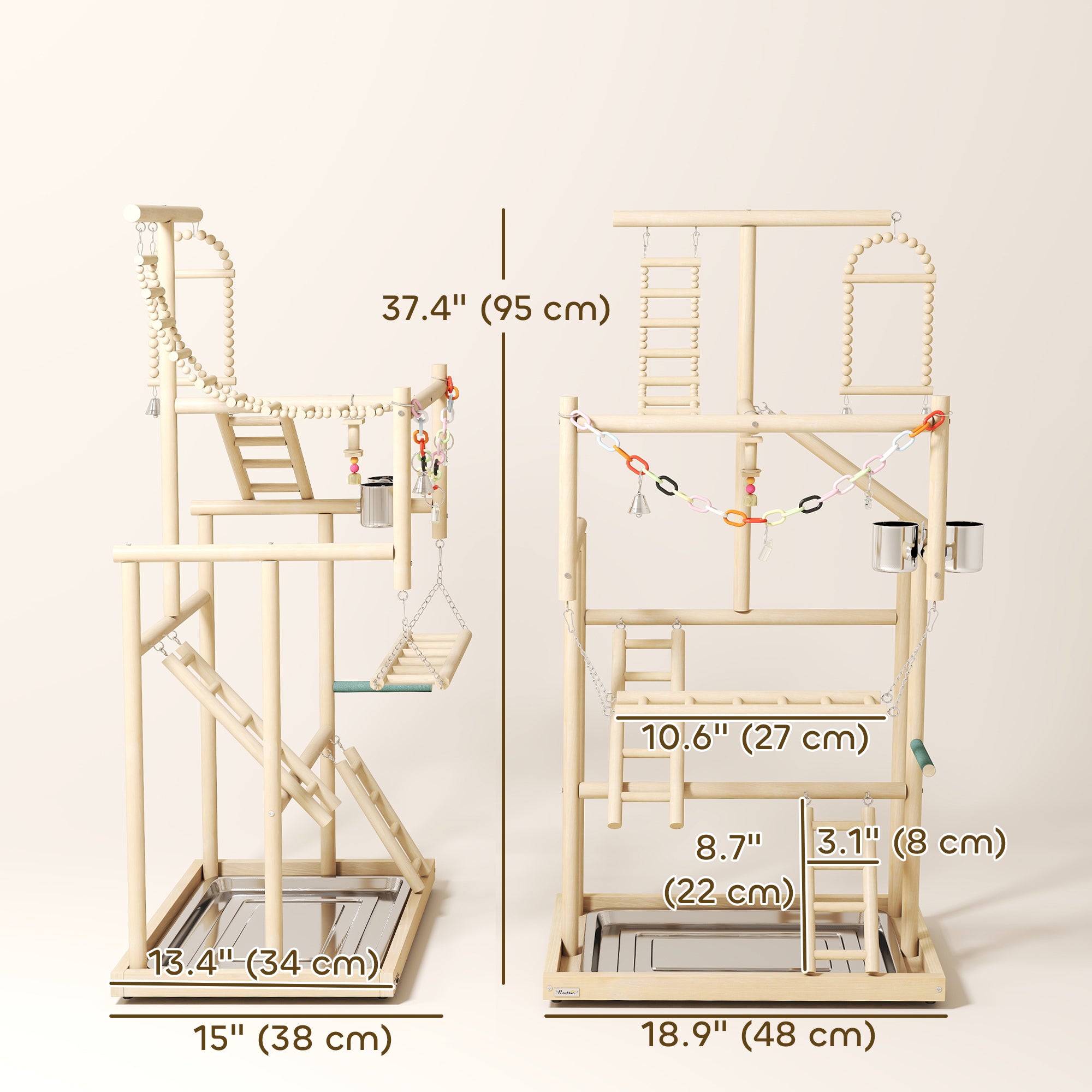 Bird Playground, 4 Layer Wooden Play Stand with Ladders, Chain Toy, Stainless Steel Cups and Tray for Small Birds