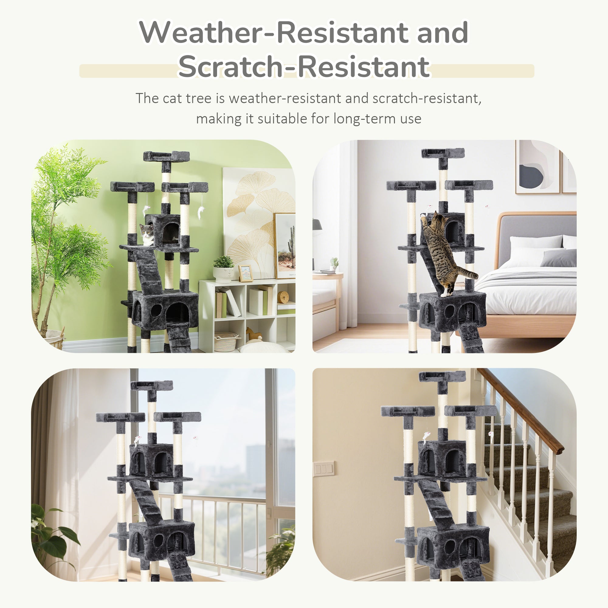 68" Multi-Level Cat Scratching Tree with 3 Perches & 2 Condos, 4 Tier Kitty Activity Center with Ladders & Dangling Toys, Grey