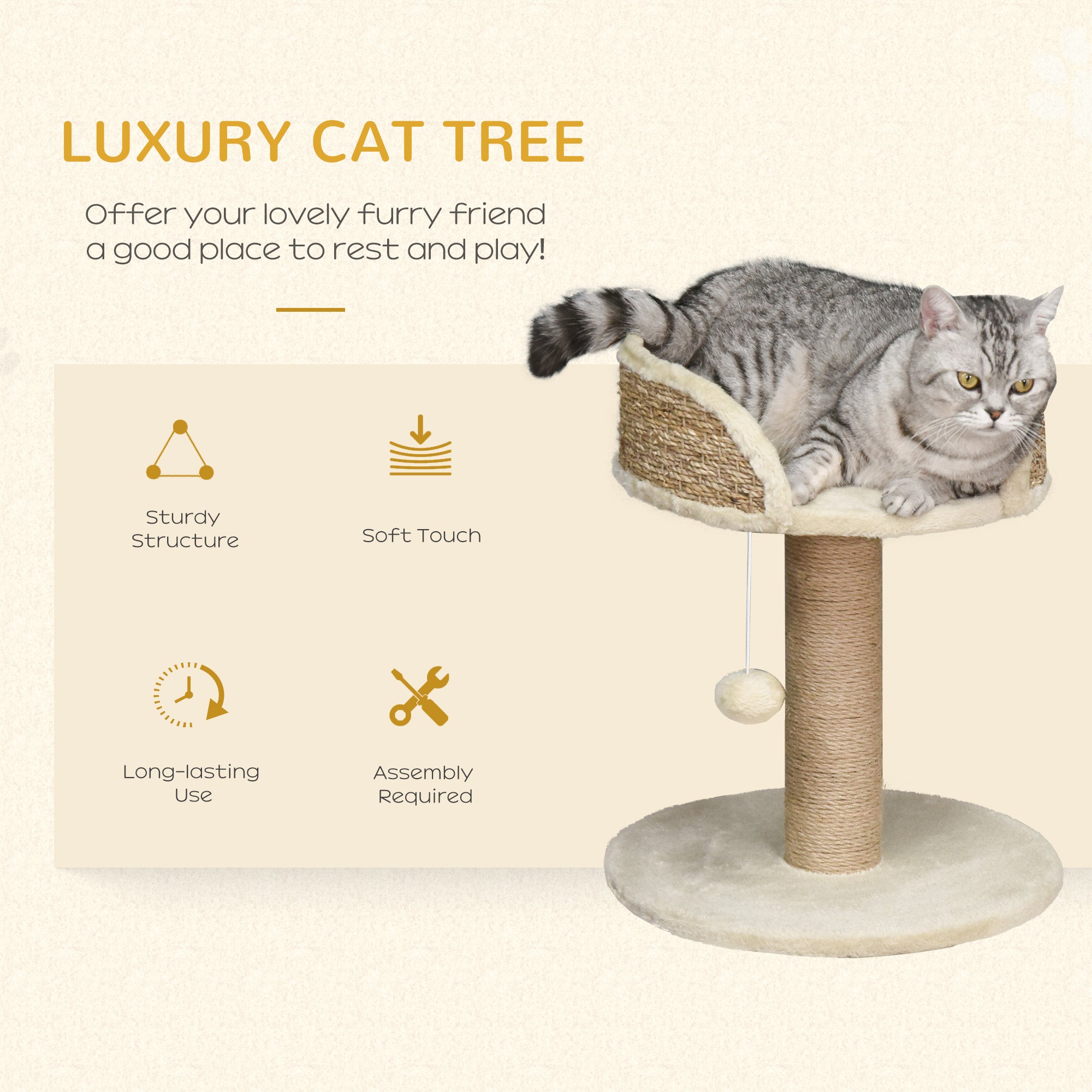 Cat Tree with Scratching Post, Toy Ball, Perch, Small Cat Tower for Indoor Cats - 16" x 16" x 19", Beige