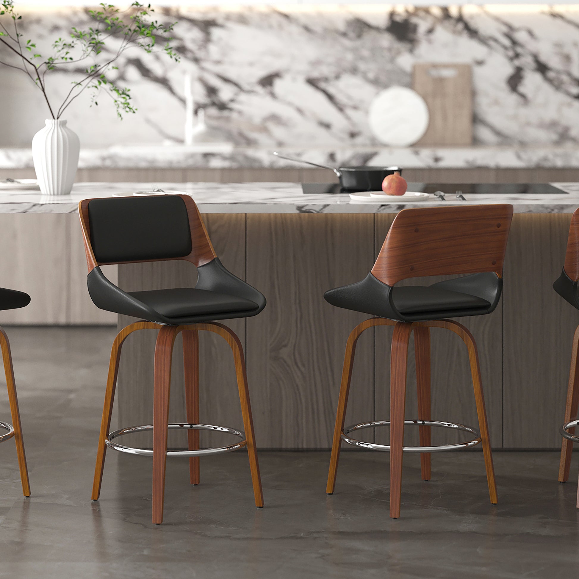 Hudson 26" Counter Stool - Walnut and Black Faux Leather-DECOROLALA