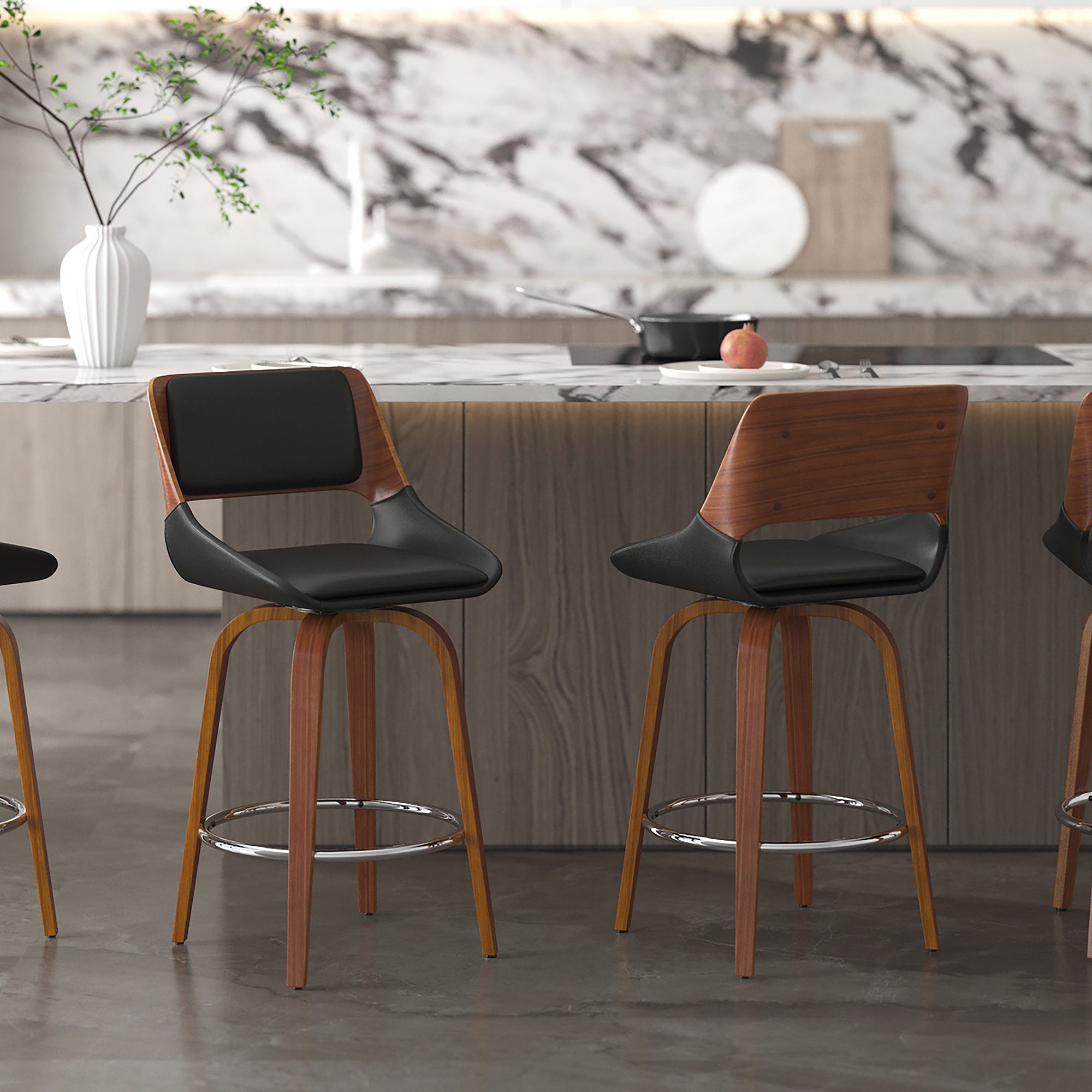 Hudson 26" Counter Stool - Walnut and Black Faux Leather-DECOROLALA