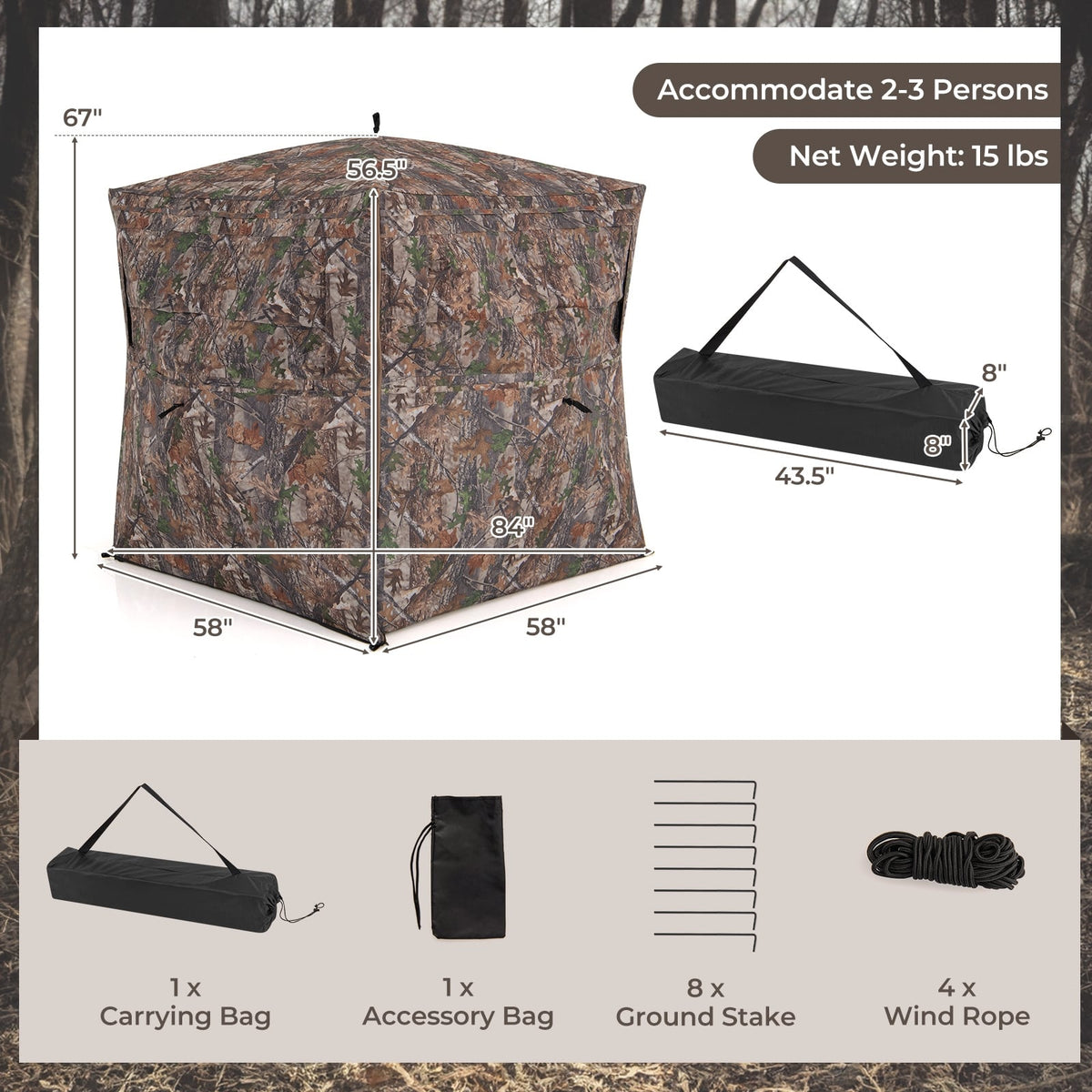Hunting Blind 360 Degree One-Way See-Through Ground Blind for 2-3 Person-Tents-DECOROLALA