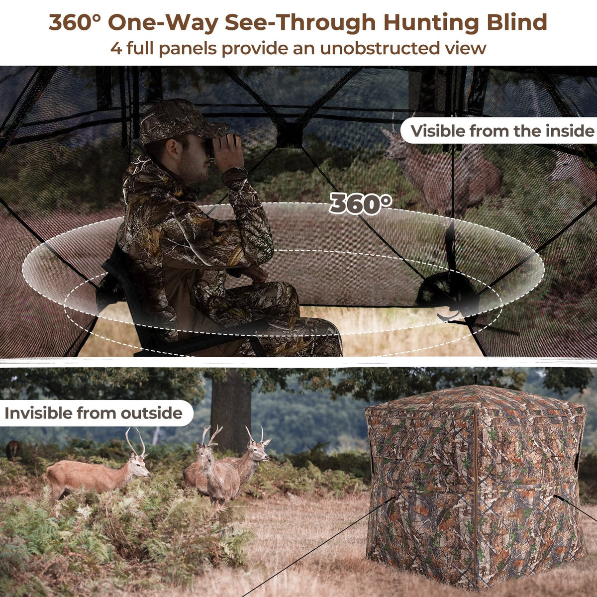 Hunting Blind 360 Degree One-Way See-Through Ground Blind for 2-3 Person-Tents-DECOROLALA