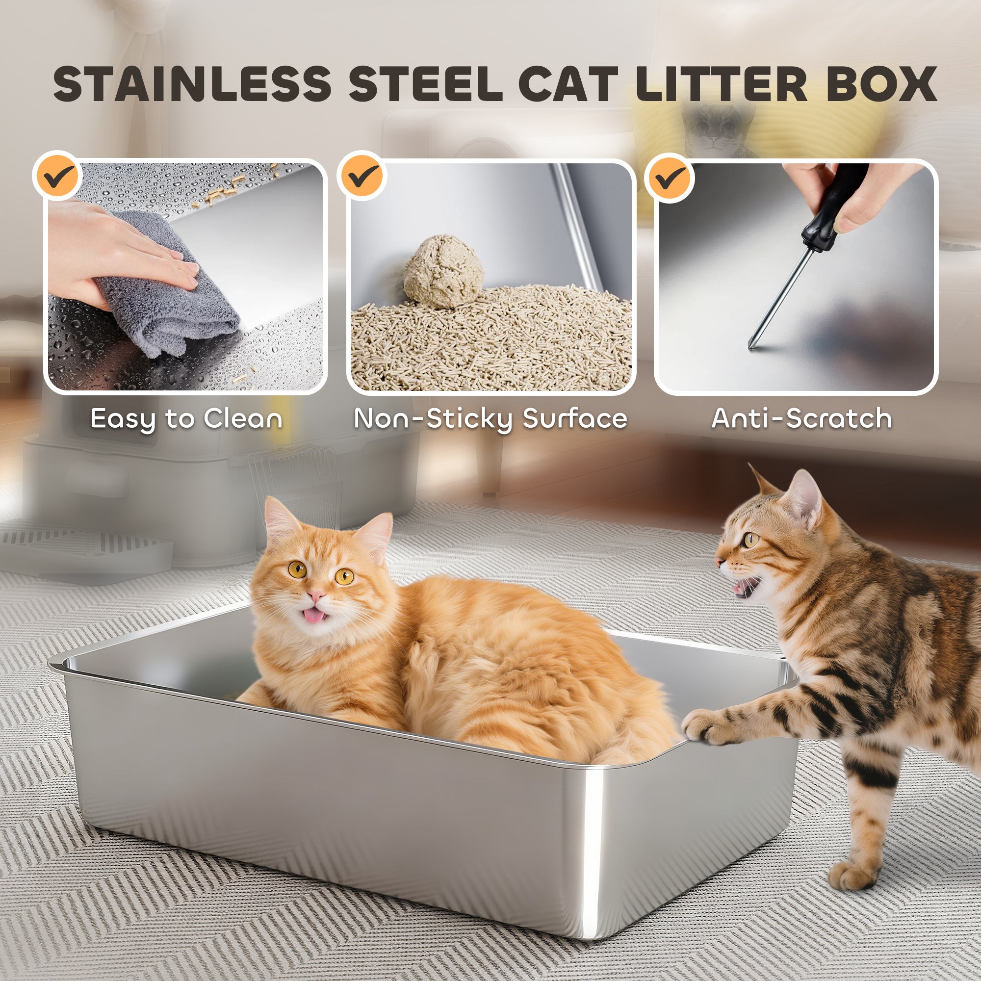 80L XL Stainless Steel Cat Litter Box for Big Cats with Flip Cover, Pull-Out Drawer Tray, High Sided, Pedal, Light Grey