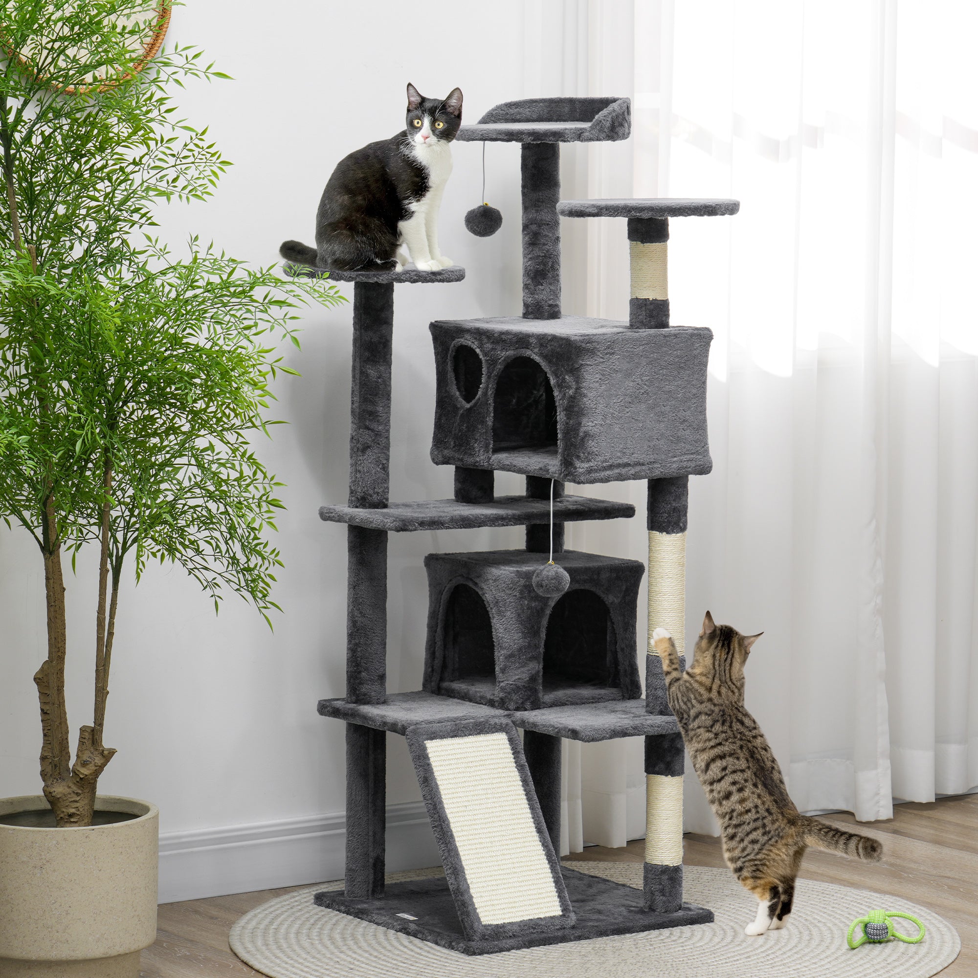 54" Cat Tree, Multi-Level Cat Tower with Scratching Posts, Cat Condos, Bed, Platforms, Ramp, Toy Ball, Dark Grey