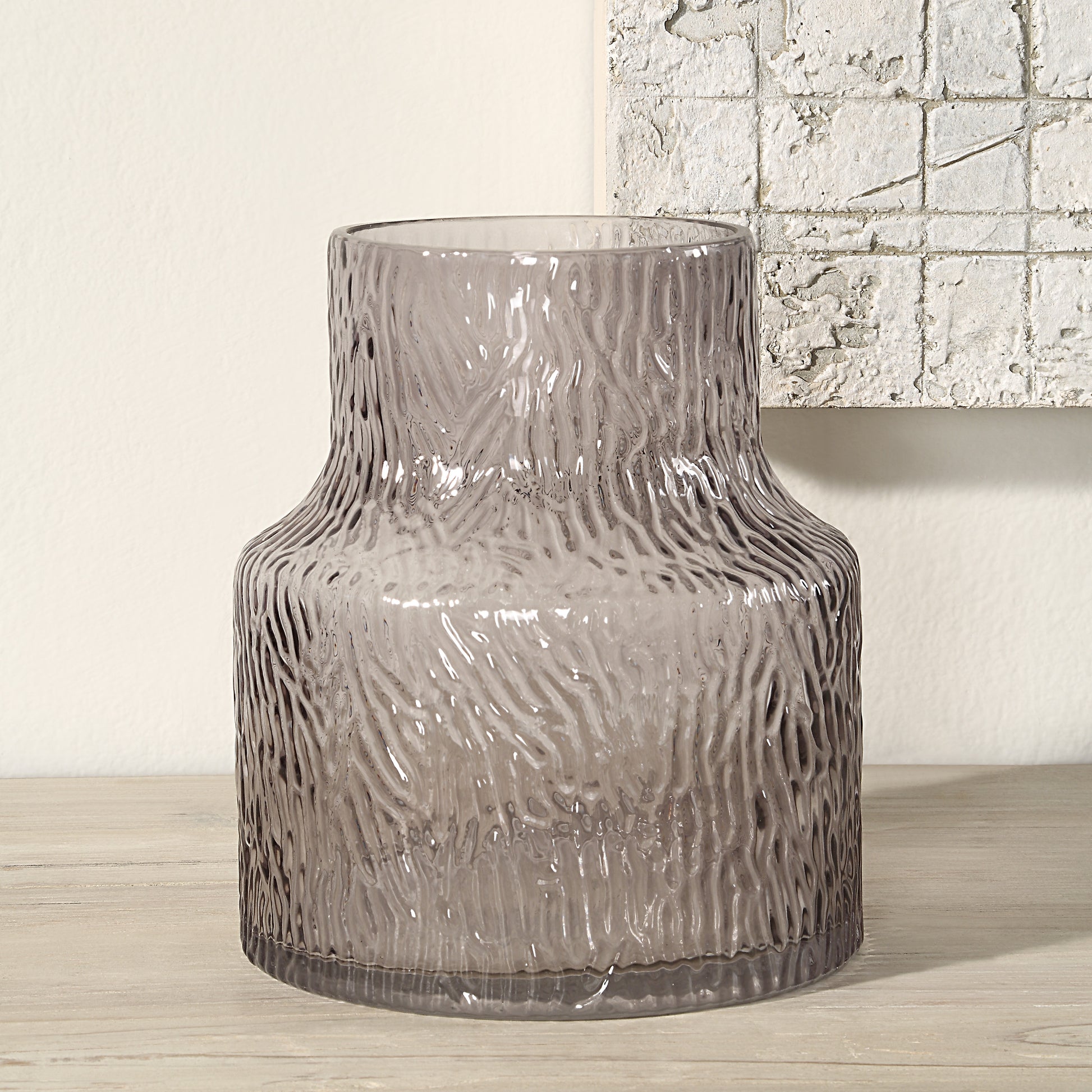 Hyacinth Indoor Mouth Blown Glass Glass Vase, Grey Texture-Glass Vase-DECOROLALA