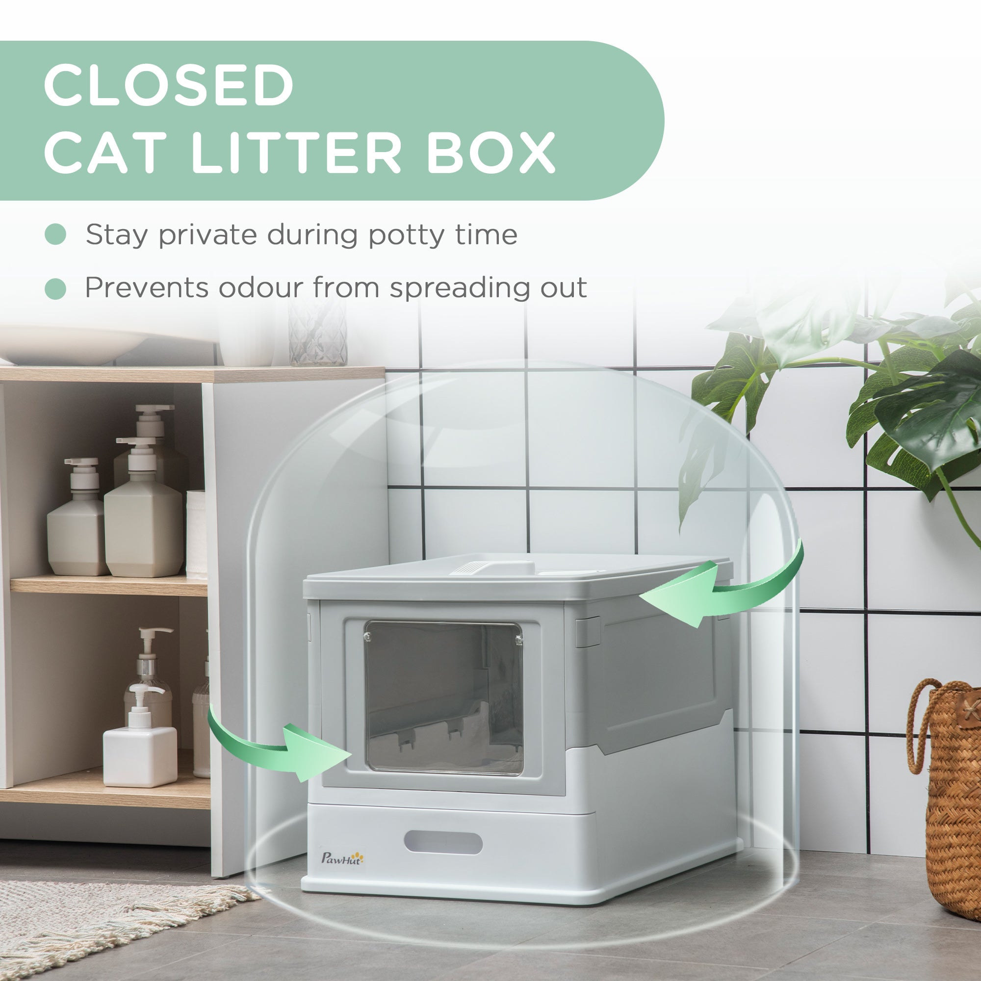 Top Entry Enclosed Kitty Litter Box with Scoop, Tray, Front Entry, Large Space, Foldable, Portable, Grey
