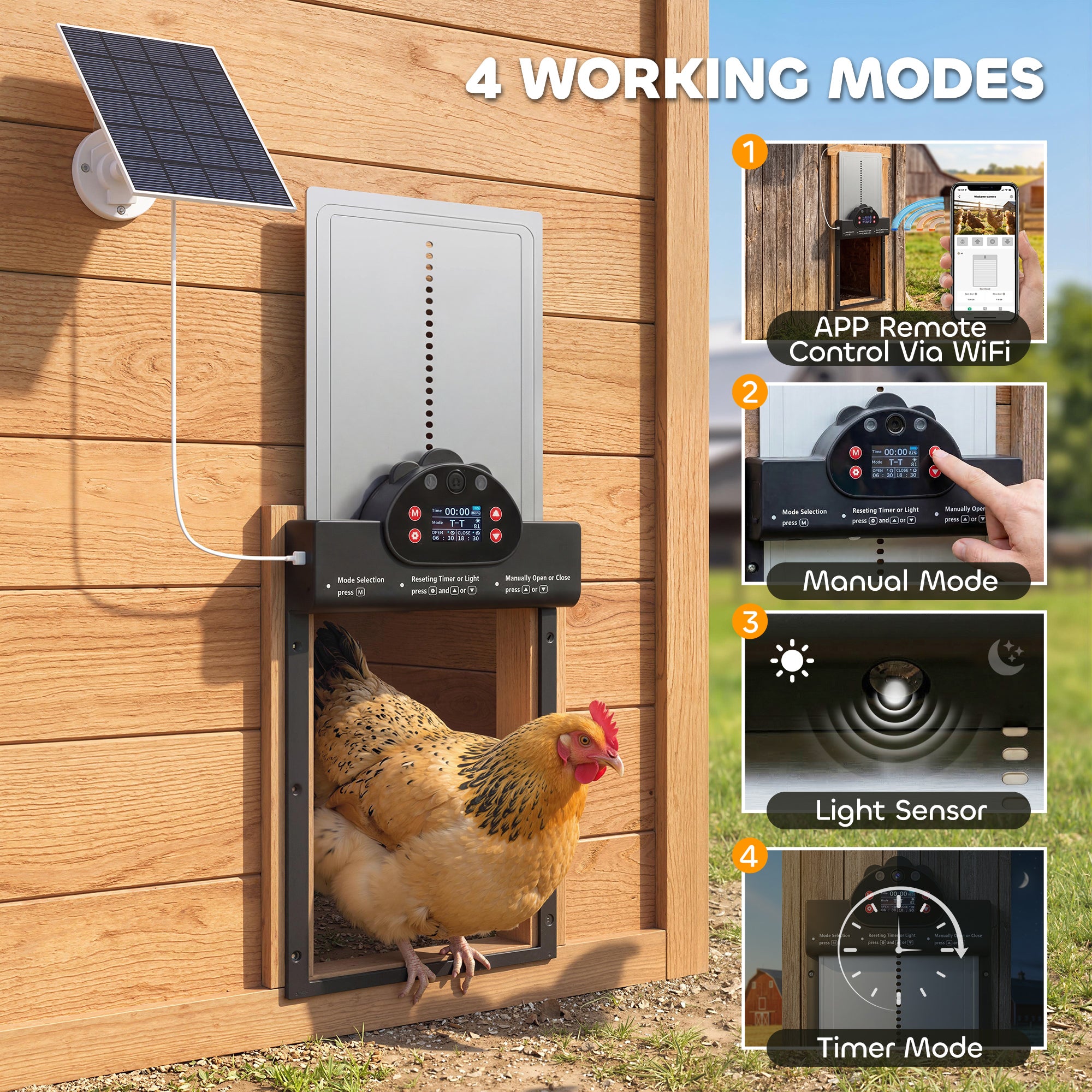 2K HD AI Camera Automatic Chicken Coop Door with APP, WiFi Solar Powered with 5200 mAh Large Battery, Alarm Driver