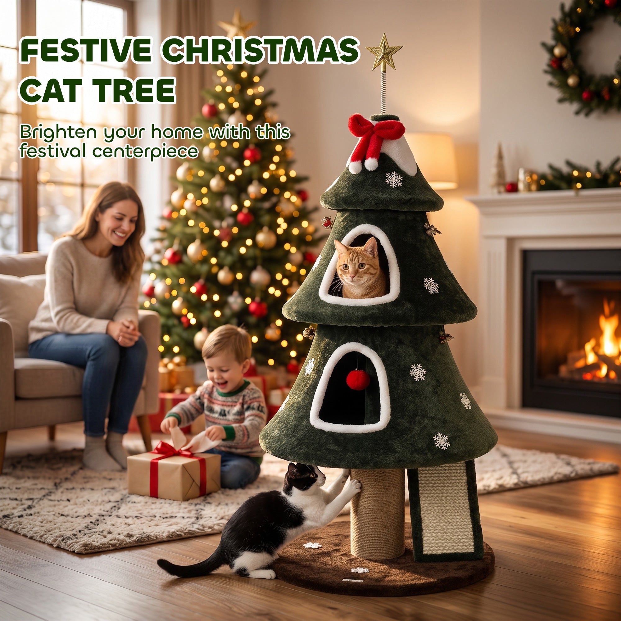 52" Christmas Cat Tree, 2-Tier Cat Tower with Dual Condos, Scratching Posts, Sisal Ladder, Anti-Tip Rope