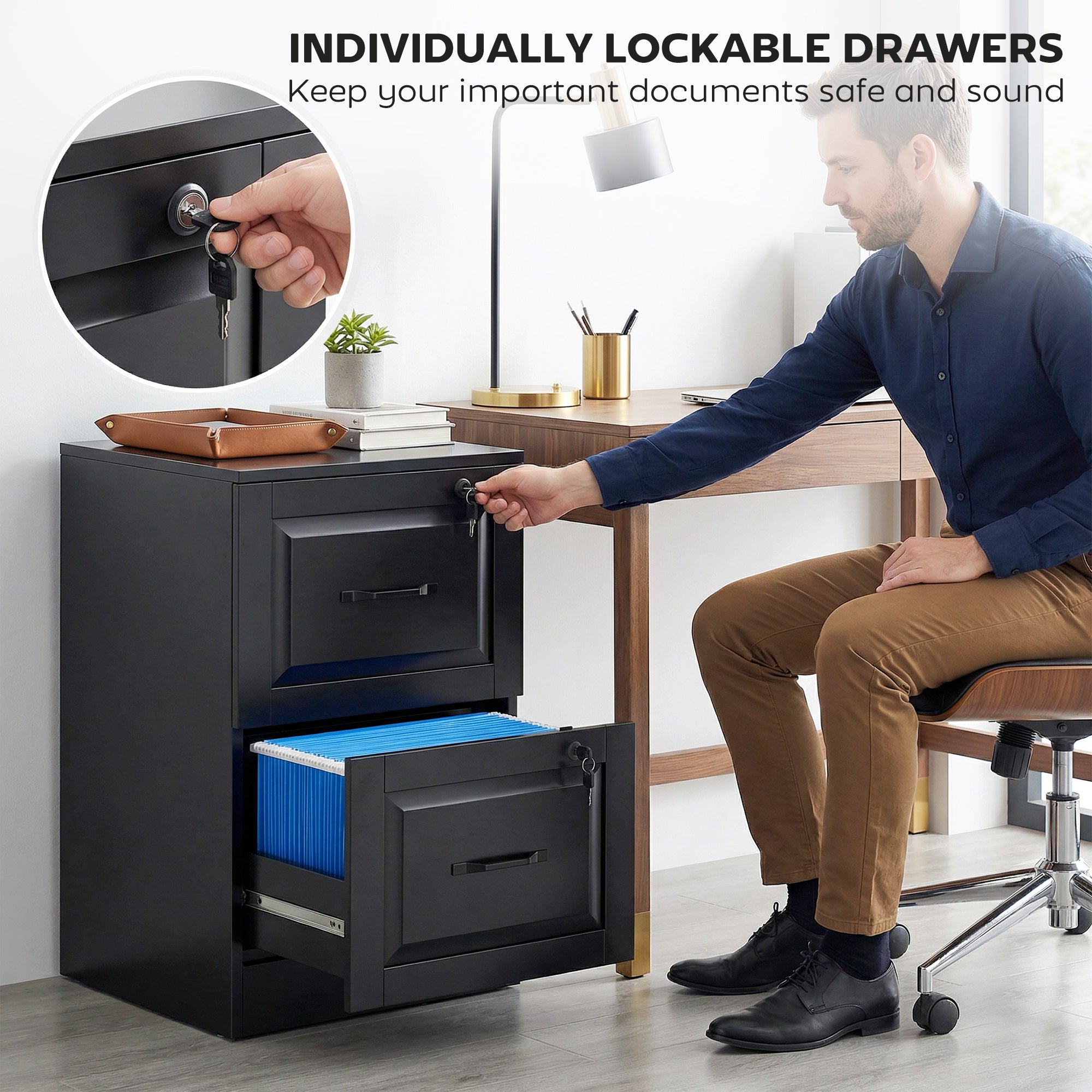 2 Drawer File Cabinet with Lock, Vertical Filing Cabinet with Adjustable Hanging Bars for A4 and Letter Size, Black-Office Products > Office Furniture > Office Cabinets & Cupboards-DECOROLALA